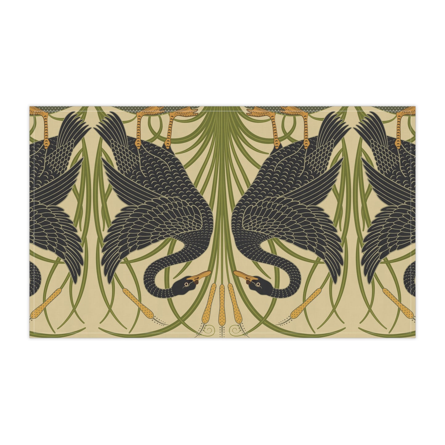 A kitchen tea towel with a repeating William Morris & Co pattern of black swans and green foliage on a beige background.