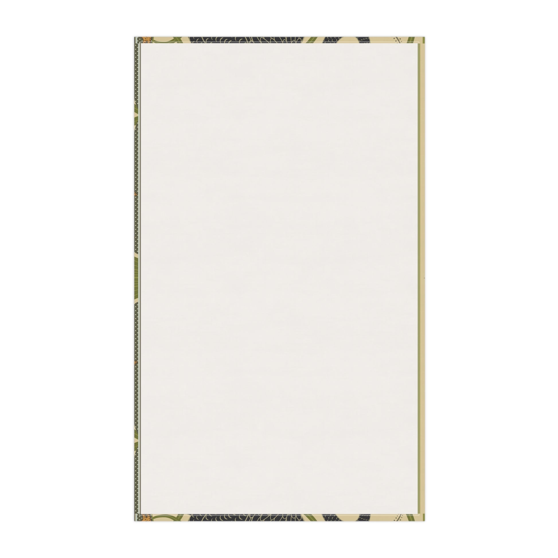 A kitchen tea towel with a repeating William Morris & Co pattern of black swans and green foliage on a beige background.