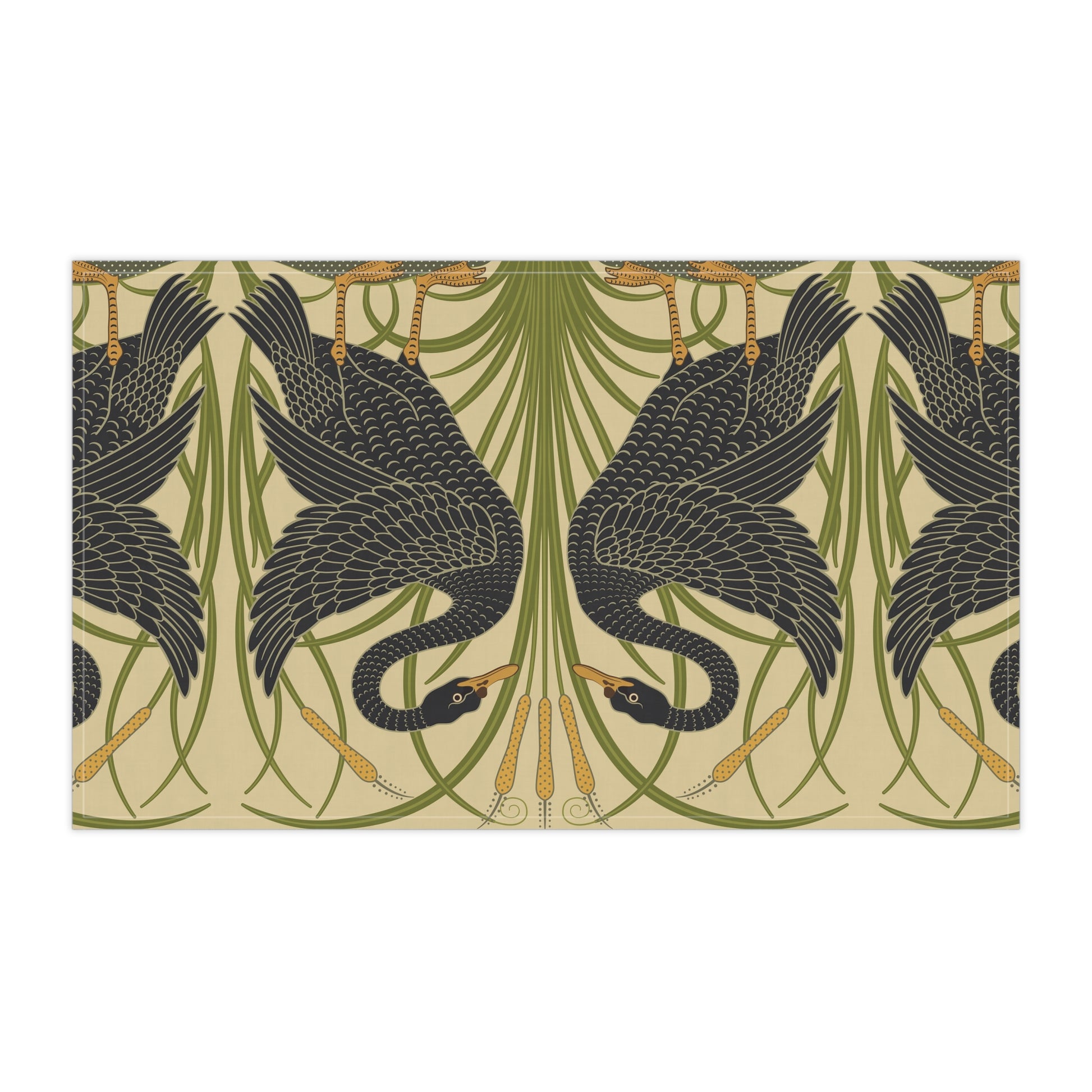 A kitchen tea towel with a repeating William Morris & Co pattern of black swans and green foliage on a beige background.