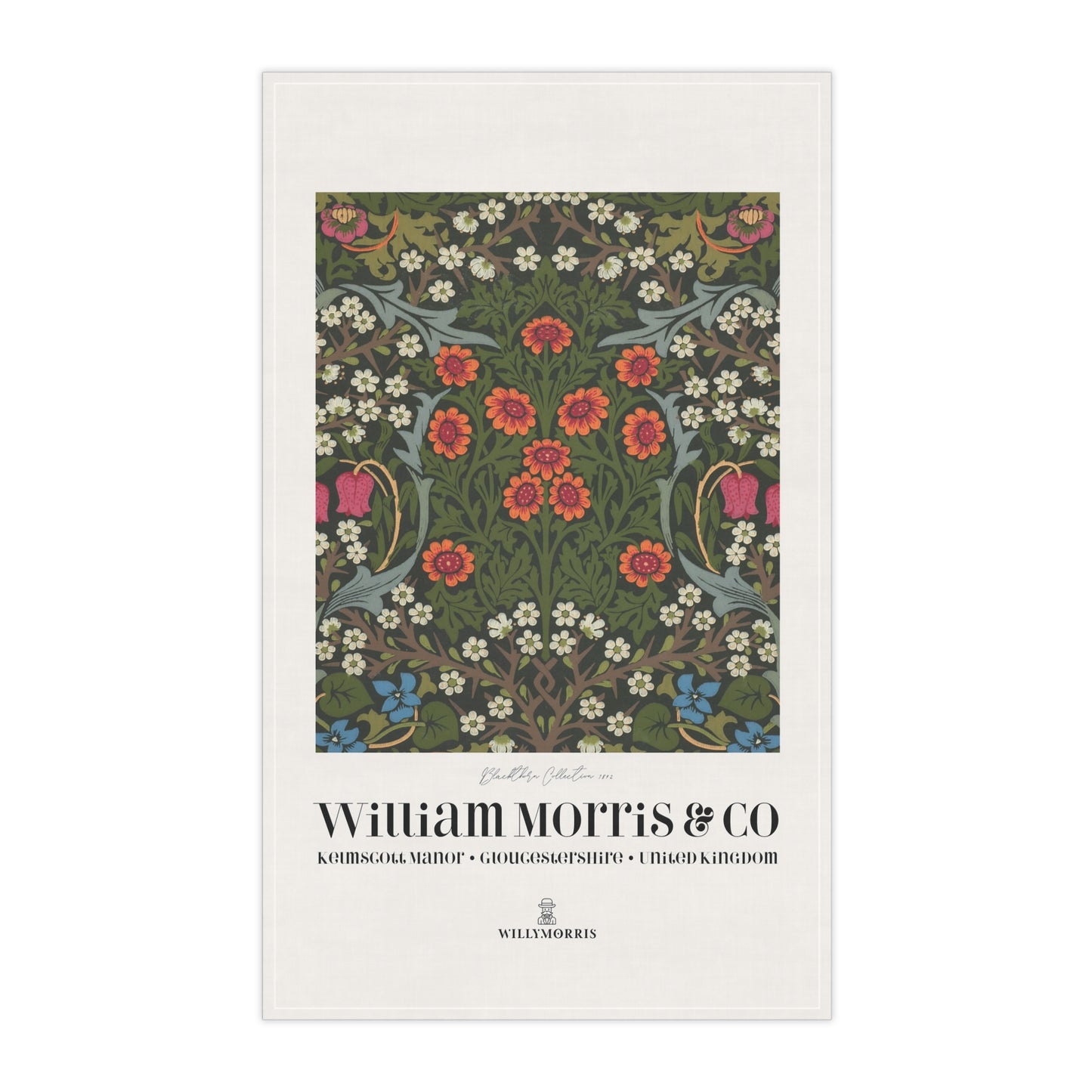 Tea towel with floral design and 'William Morris & Co' branding on a white background