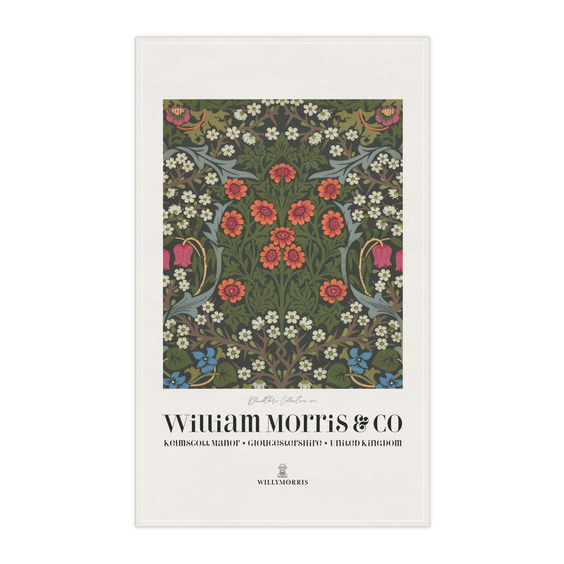 Tea towel with floral design and 'William Morris & Co' branding on a white background