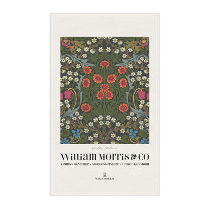 Tea towel with floral design and 'William Morris & Co' branding on a white background
