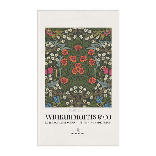 Tea towel with floral design and 'William Morris & Co' branding on a white background