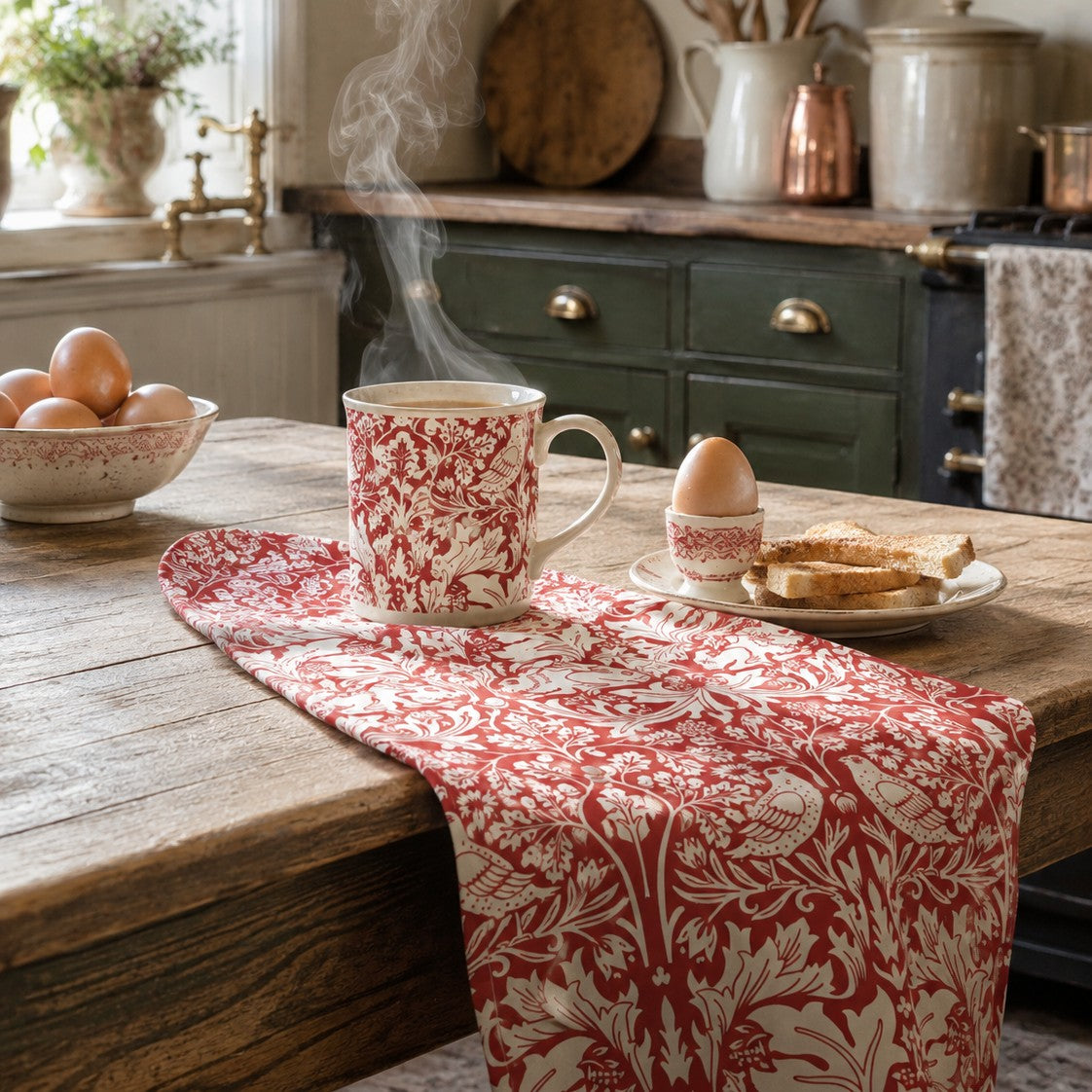 A red and cream floral patterned tablecloth draped over a rustic wooden table in a cozy kitchen setting, styled with a matching mug, egg cup, eggs, and toast.