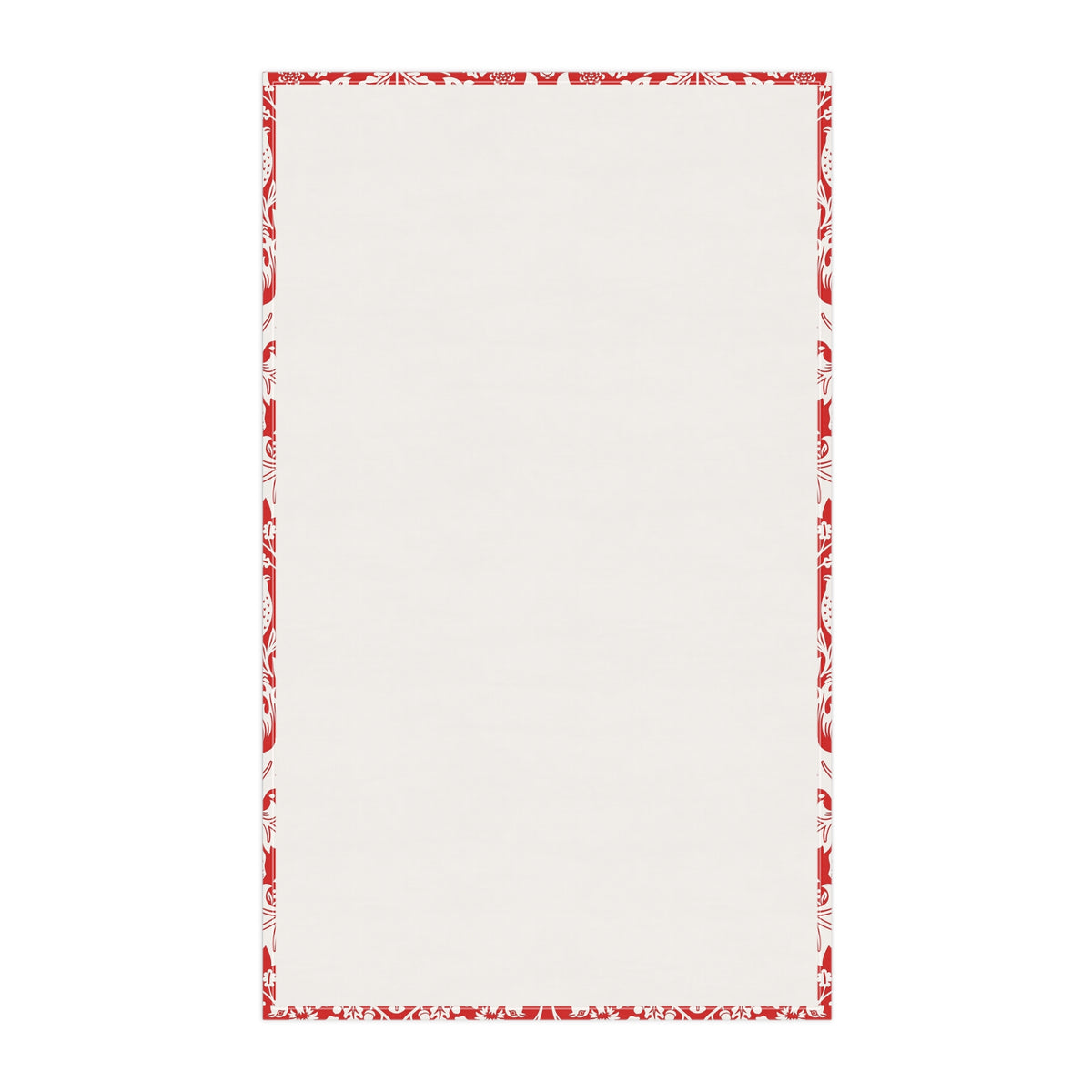 A rectangular cream-coloured tea towel with a decorative red border pattern along all four edges, shown flat against a solid white background.