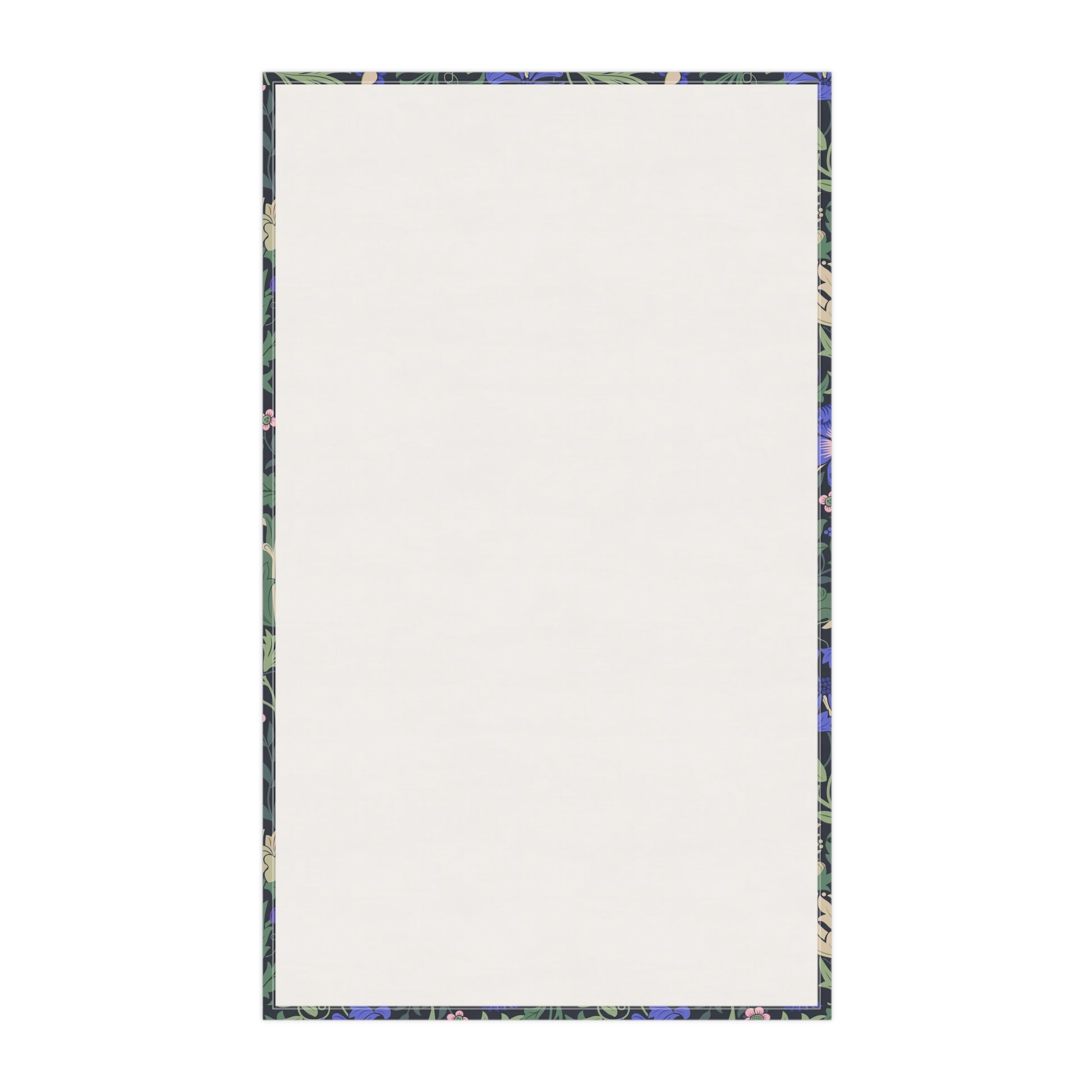 A kitchen tea towel with a floral William Morris & Co pattern featuring blue and green colours on a beige background.