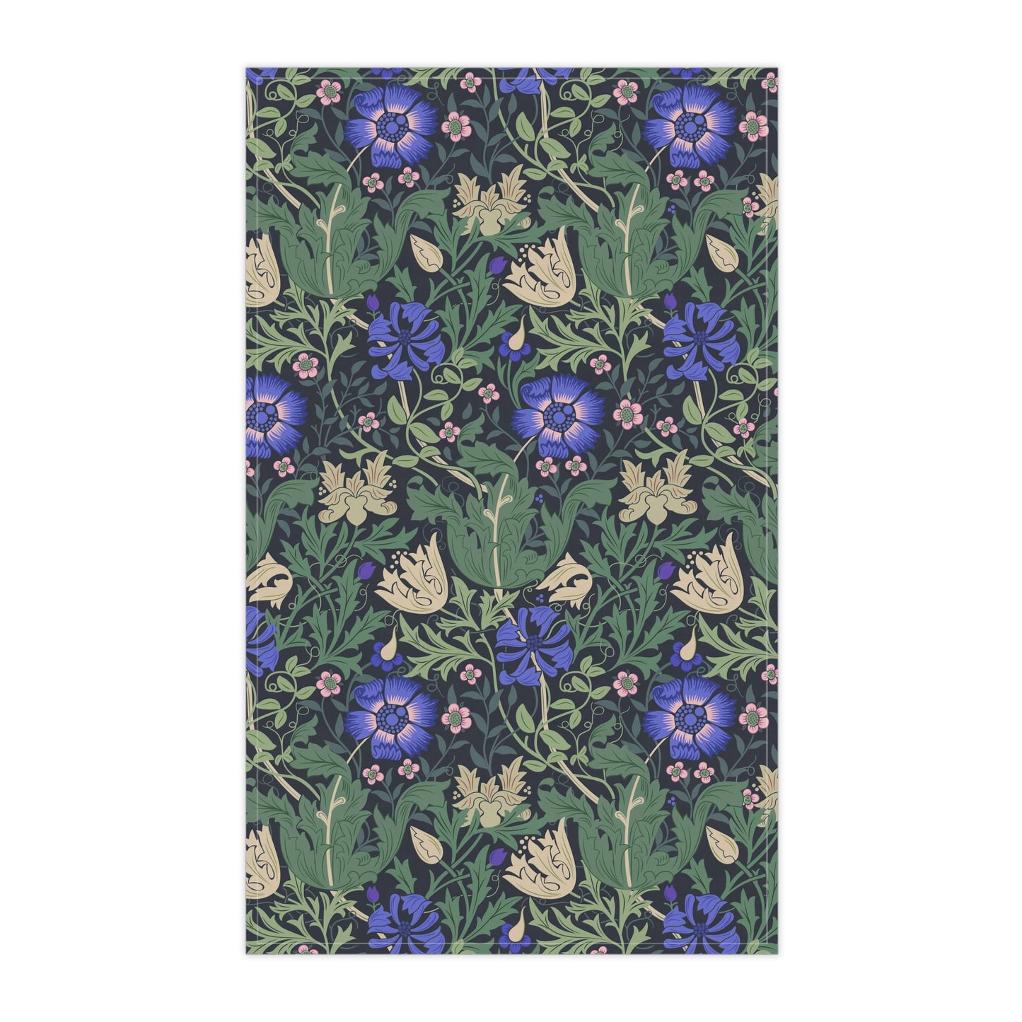 A kitchen tea towel with a floral William Morris & Co pattern featuring blue and green colours on a beige background.