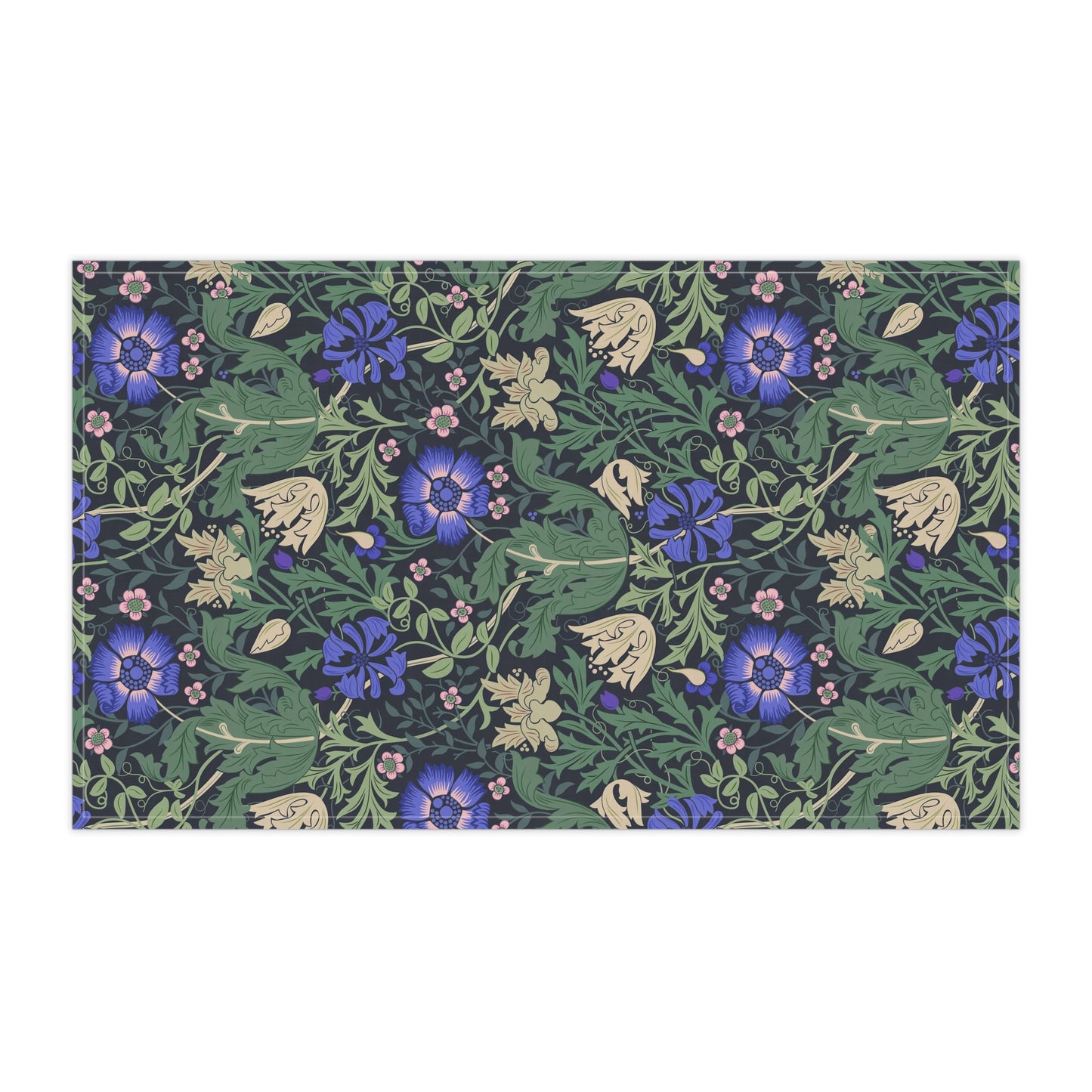 A kitchen tea towel with a floral William Morris & Co pattern featuring blue and green colours on a beige background.