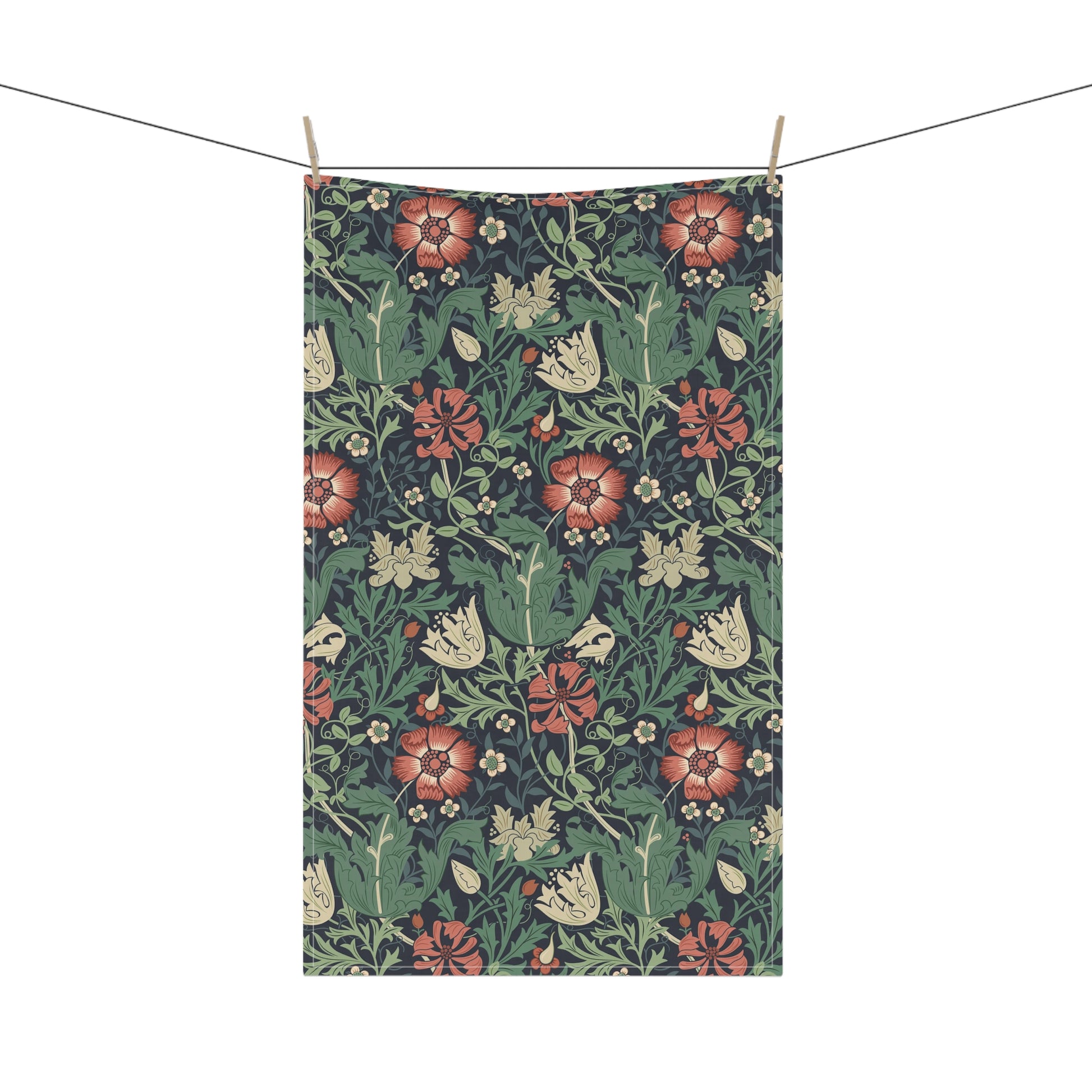 A kitchen tea towel with a floral William Morris & Co pattern inspired by William Morris - Compton Collection (Hill Cottage).