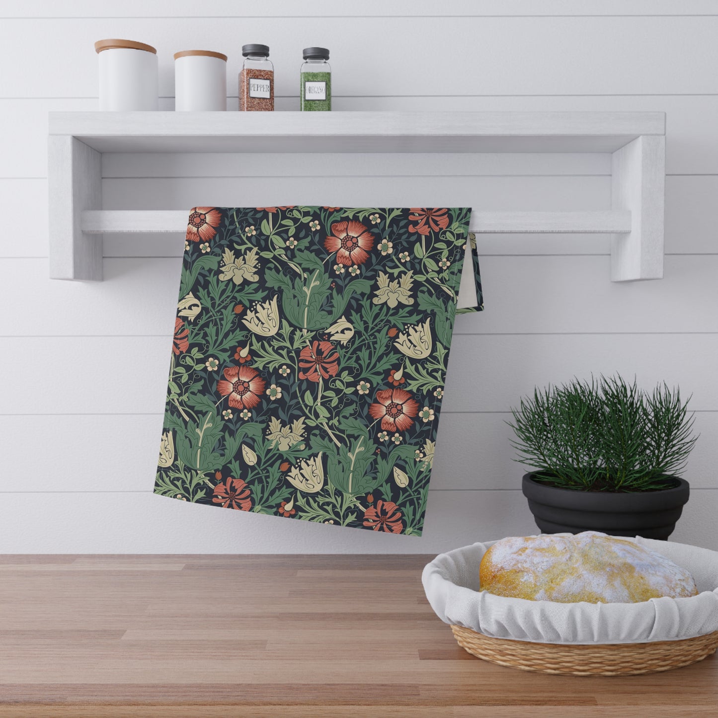 A kitchen tea towel with a floral William Morris & Co pattern inspired by William Morris - Compton Collection (Hill Cottage).