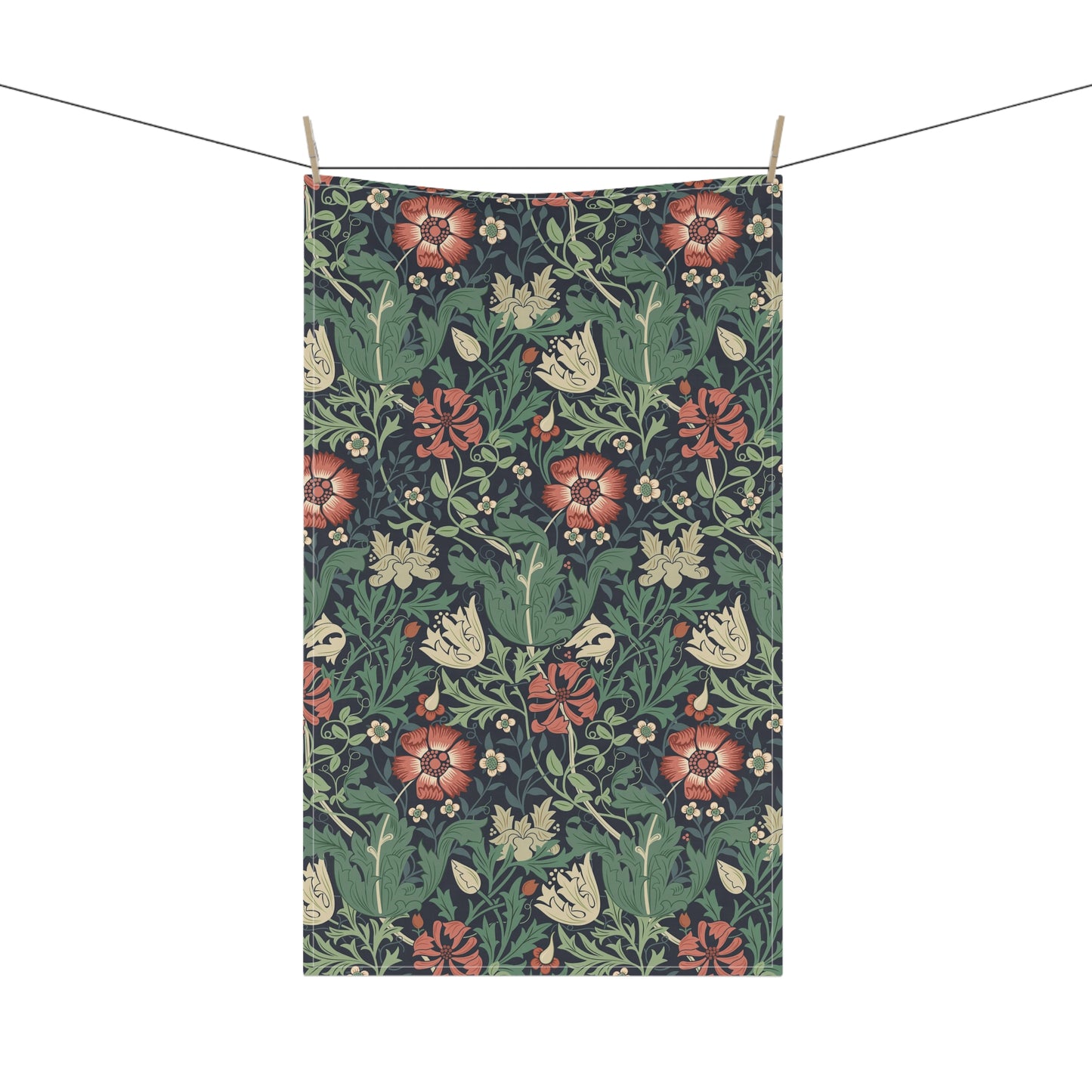 A kitchen tea towel with a floral William Morris & Co pattern inspired by William Morris - Compton Collection (Hill Cottage).