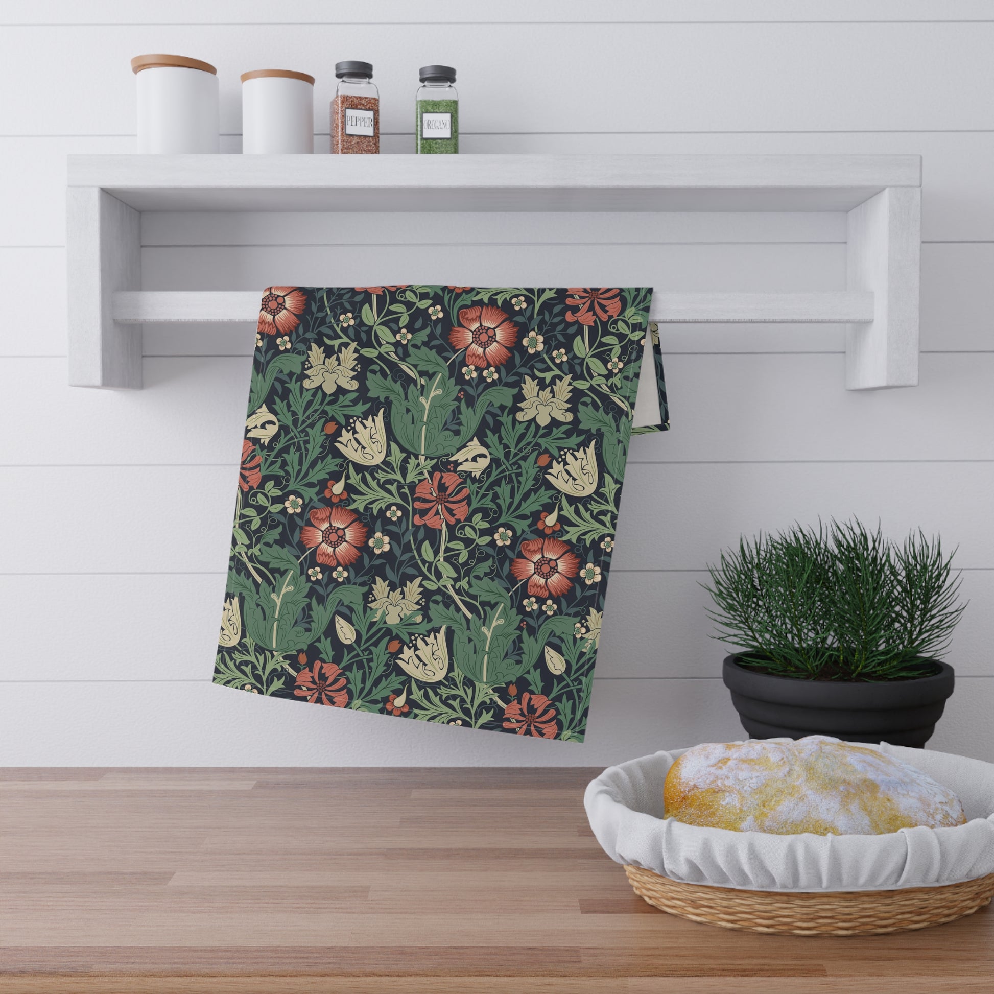 A kitchen tea towel with a floral William Morris & Co pattern inspired by William Morris - Compton Collection (Hill Cottage).