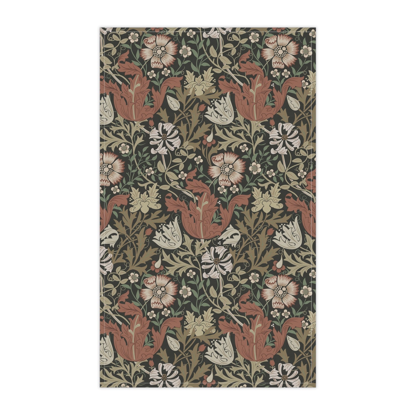 A rectangular kitchen tea towel featuring a floral pattern with brown and beige colours, inspired by William Morris & Co.