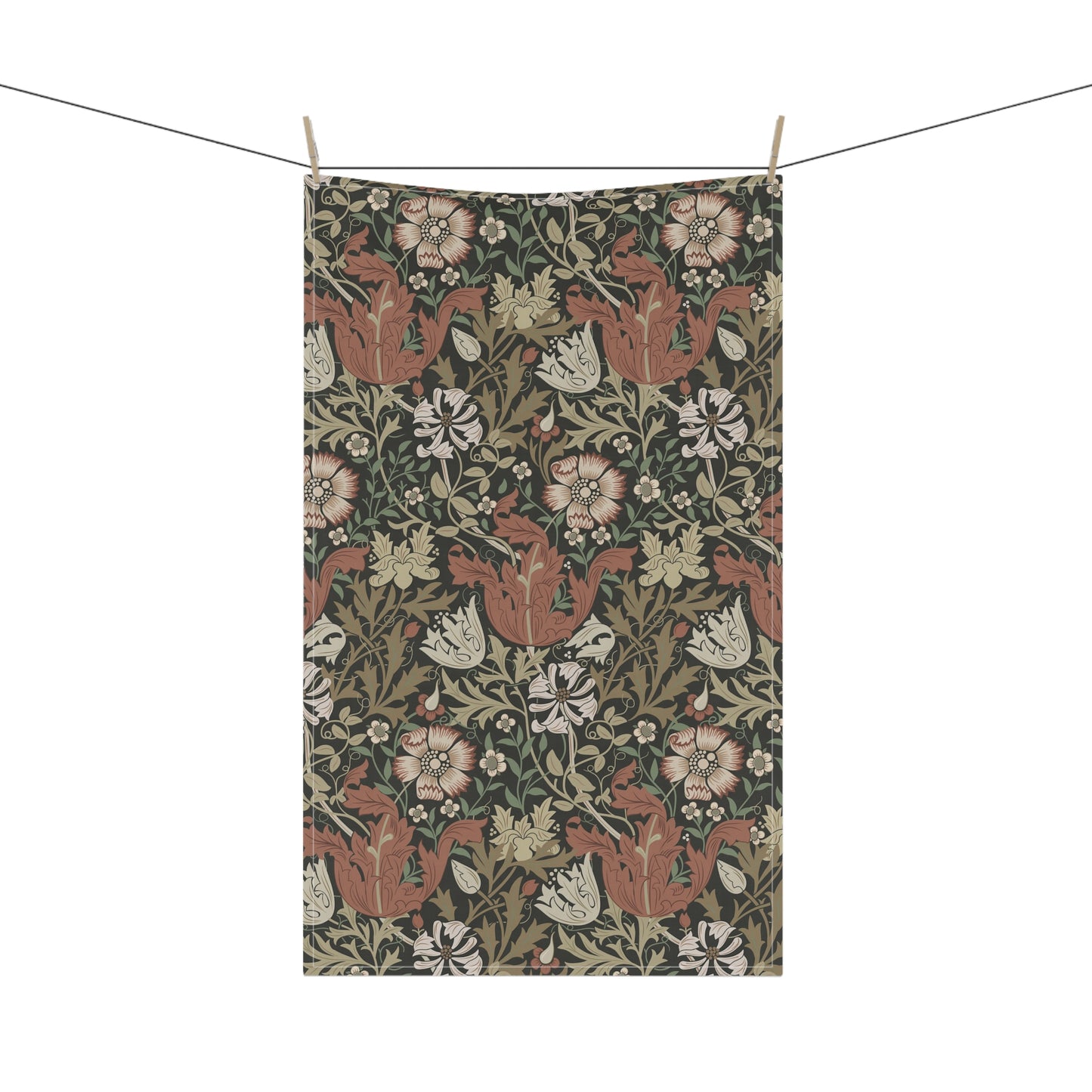 A rectangular kitchen tea towel featuring a floral pattern with brown and beige colours, inspired by William Morris & Co.