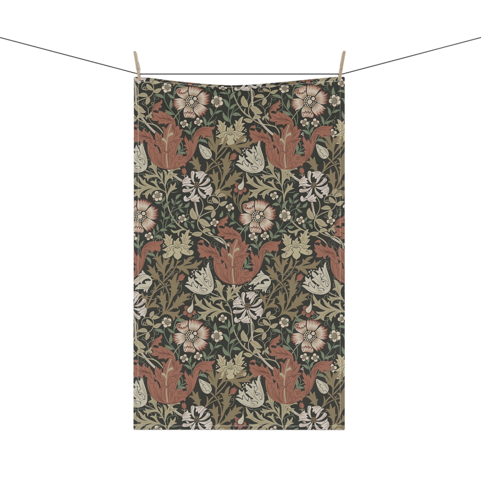 A rectangular kitchen tea towel featuring a floral pattern with brown and beige colours, inspired by William Morris & Co.