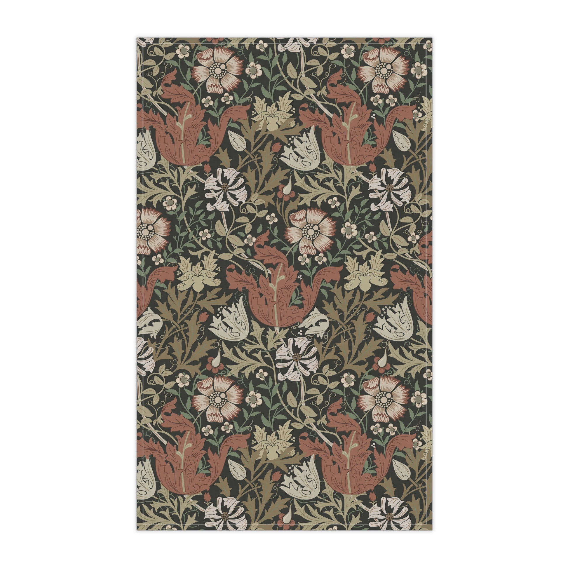 A rectangular kitchen tea towel featuring a floral pattern with brown and beige colours, inspired by William Morris & Co.