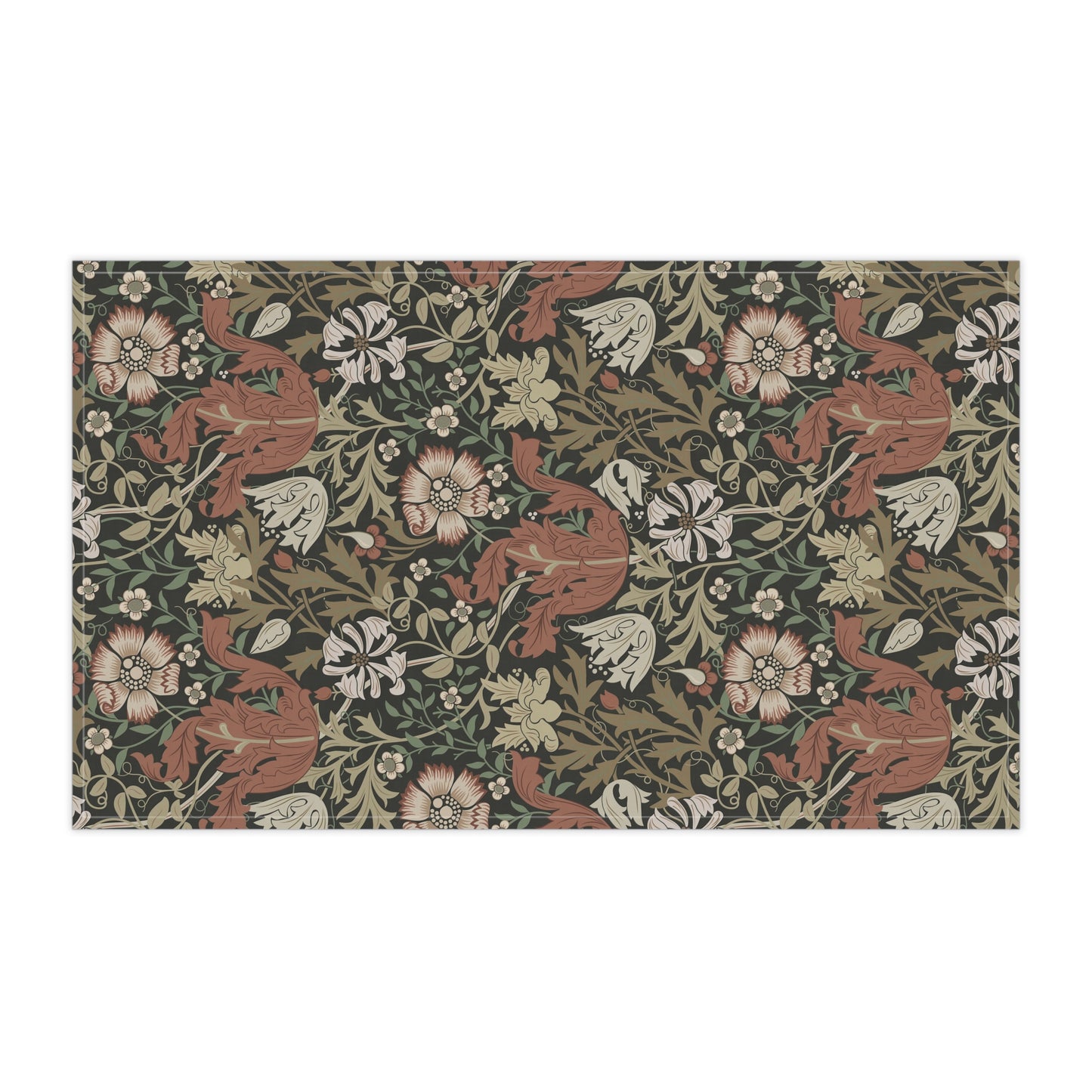 A rectangular kitchen tea towel featuring a floral pattern with brown and beige colours, inspired by William Morris & Co.