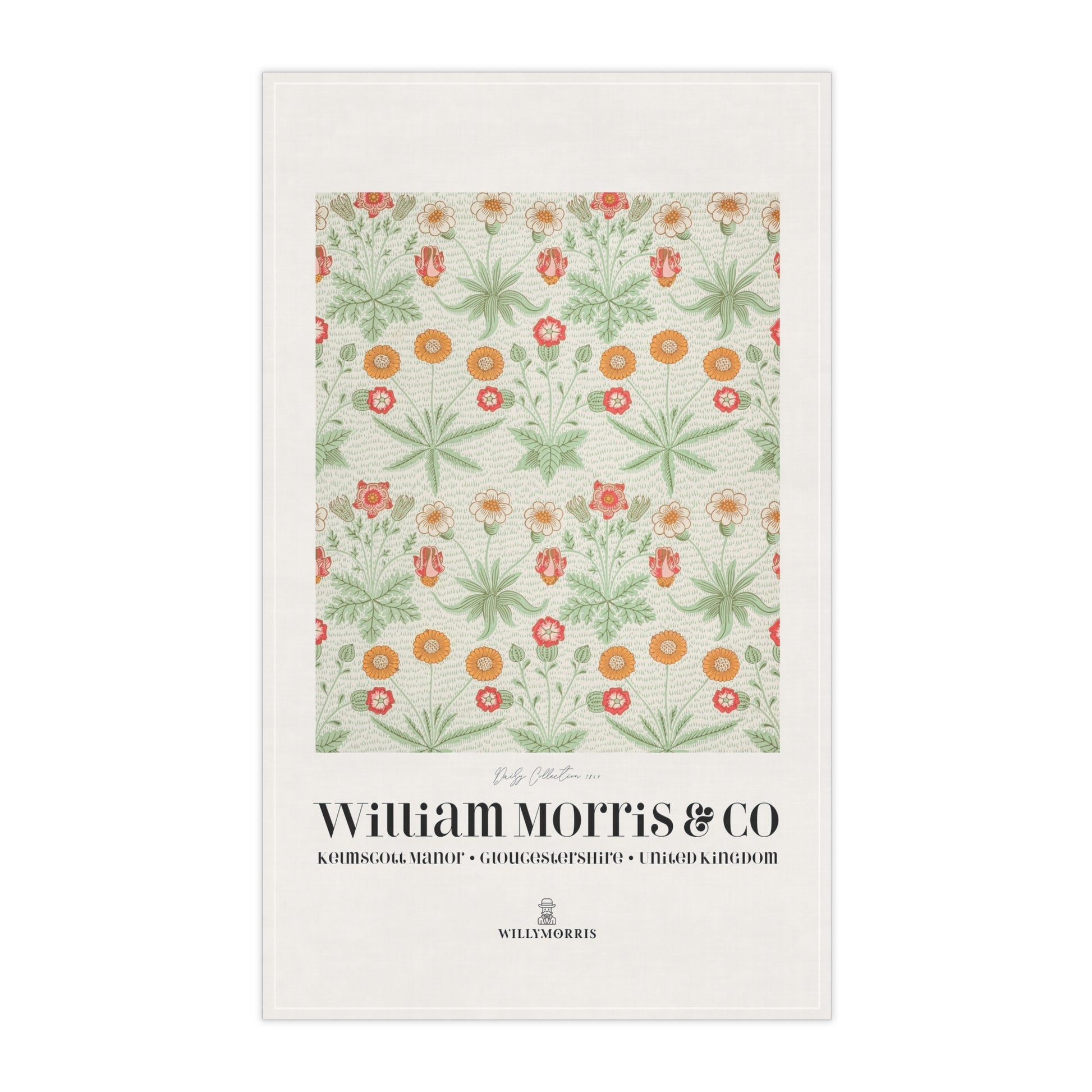 Tea towel with floral pattern and 'William Morris & Co' branding on a white background