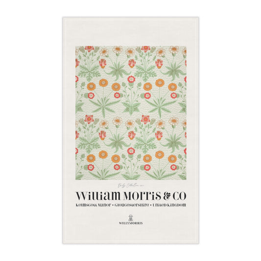 Tea towel with floral pattern and 'William Morris & Co' branding on a white background