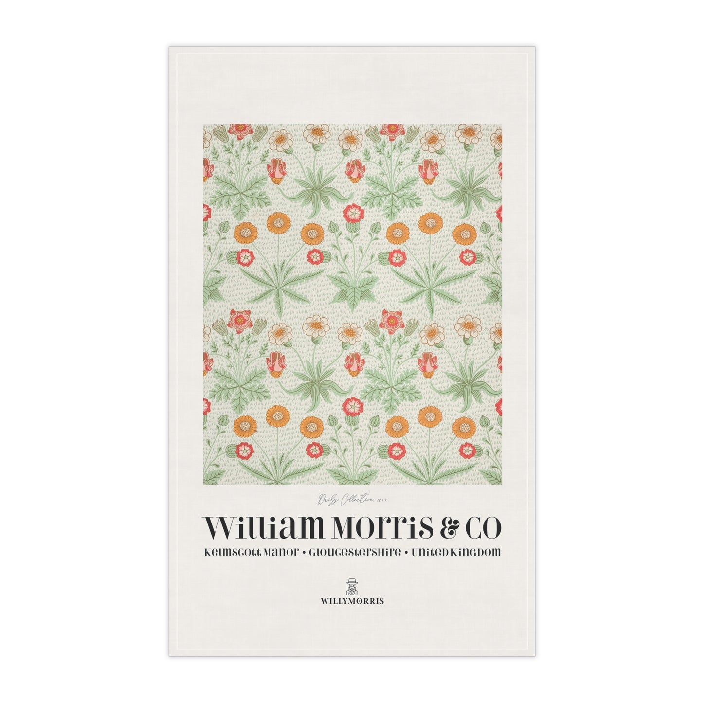 Tea towel with floral pattern and 'William Morris & Co' branding on a white background
