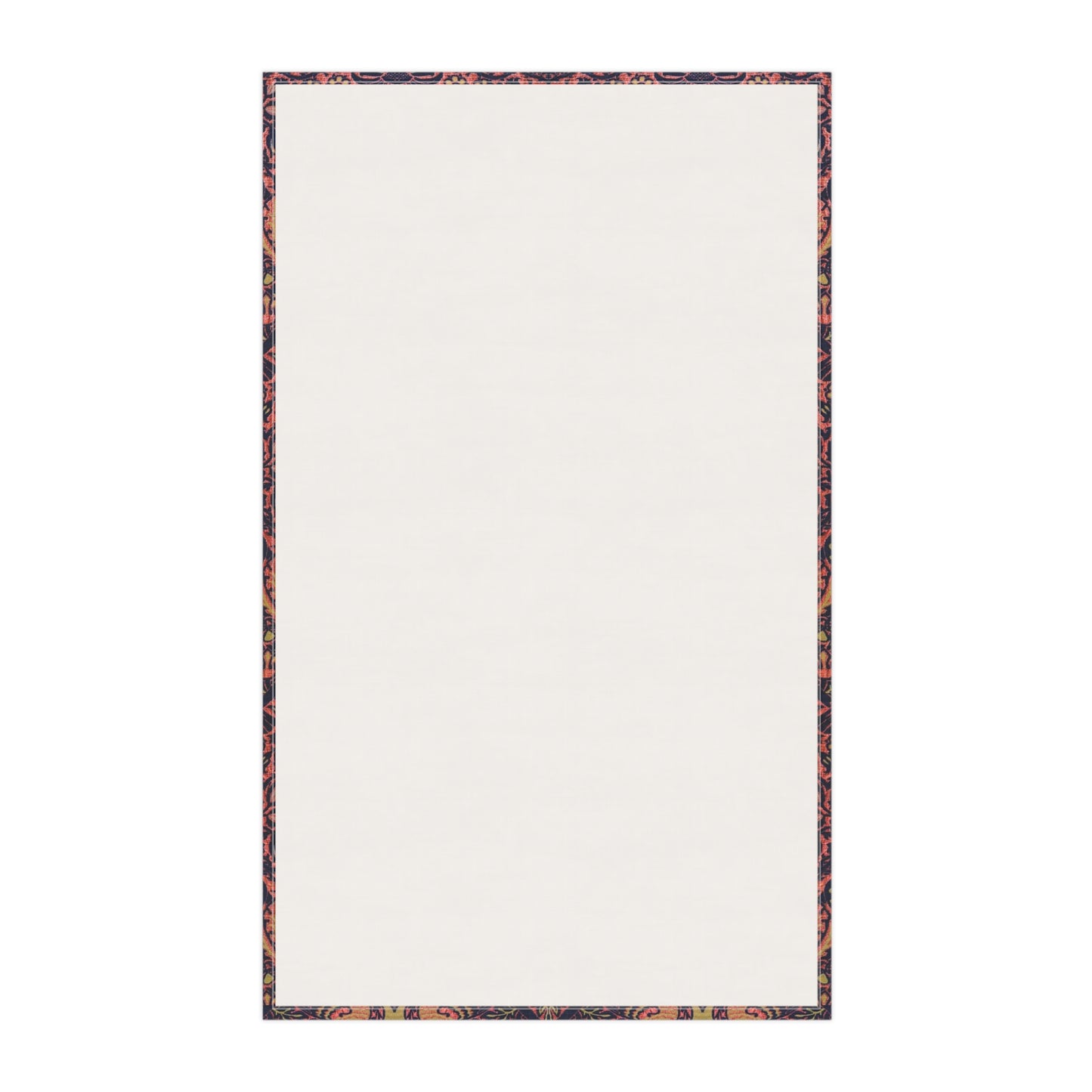 A kitchen tea towel with a floral and geometric pattern, predominantly in pink and purple colours.