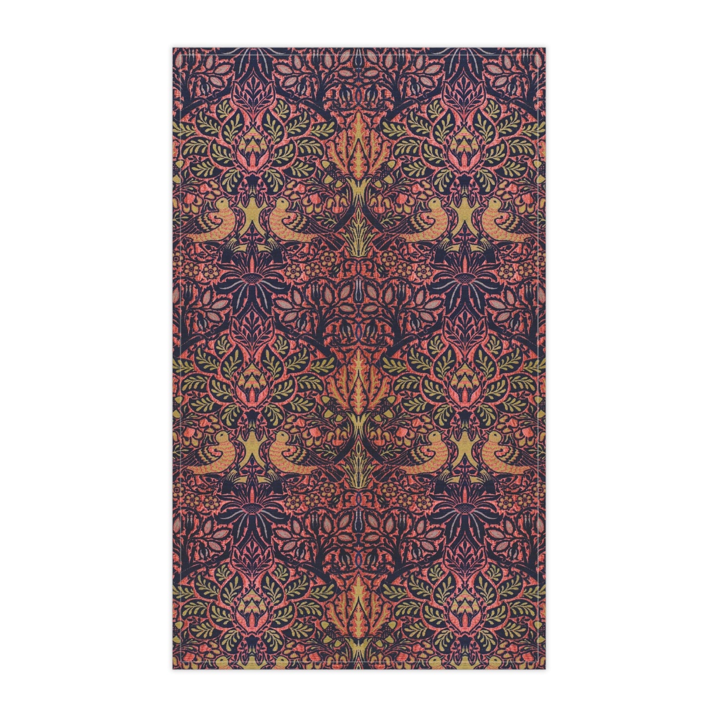 A kitchen tea towel with a floral and geometric pattern, predominantly in pink and purple colours.