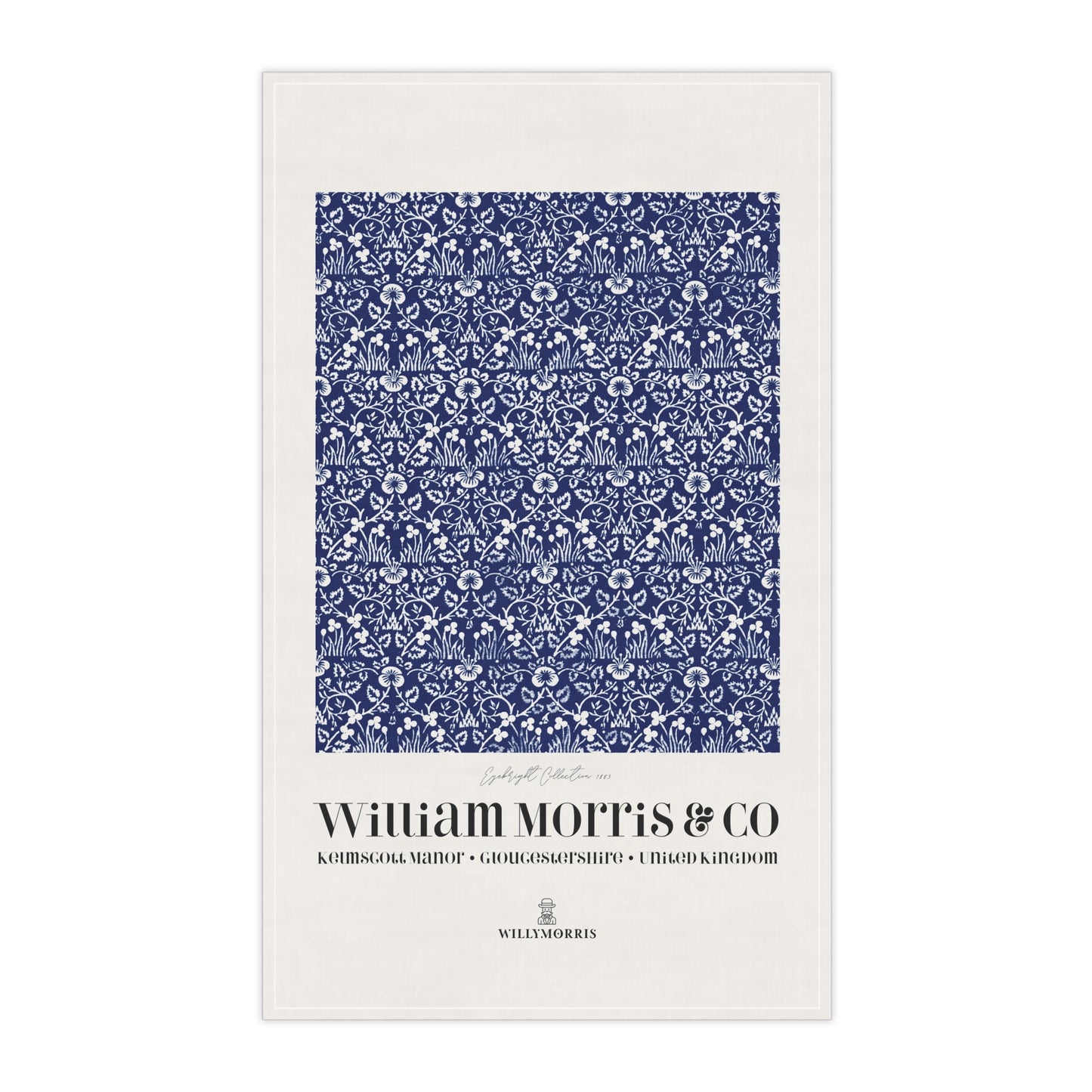 Tea towel with blue floral pattern and 'William Morris & Co' branding on a white background
