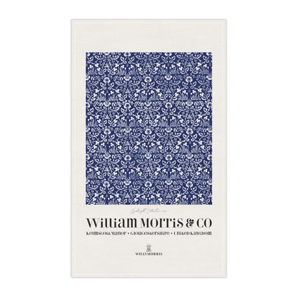 Tea towel with blue floral pattern and 'William Morris & Co' branding on a white background