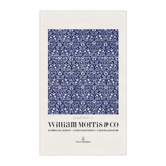 Tea towel with blue floral pattern and 'William Morris & Co' branding on a white background