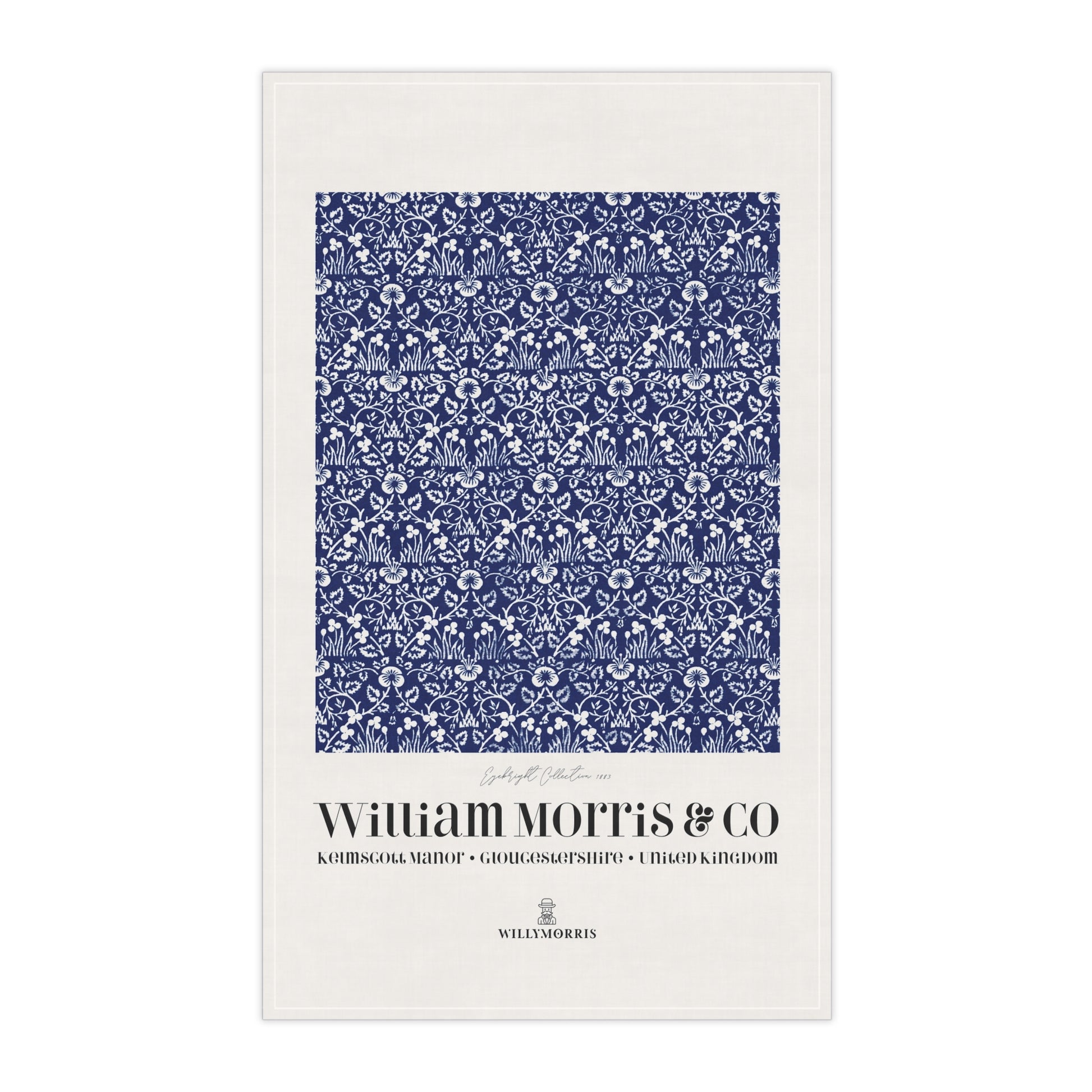 Tea towel with blue floral pattern and 'William Morris & Co' branding on a white background