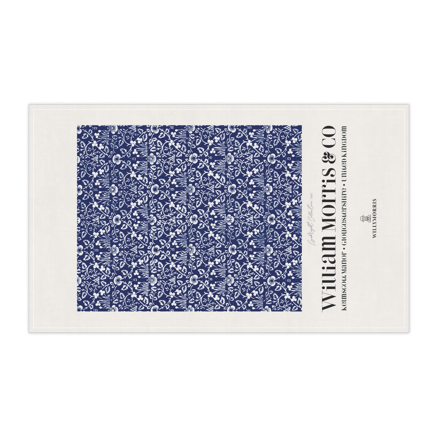 Rectangular tea towel with blue floral pattern on a white background, featuring the brand 'William Morris & Co'.
