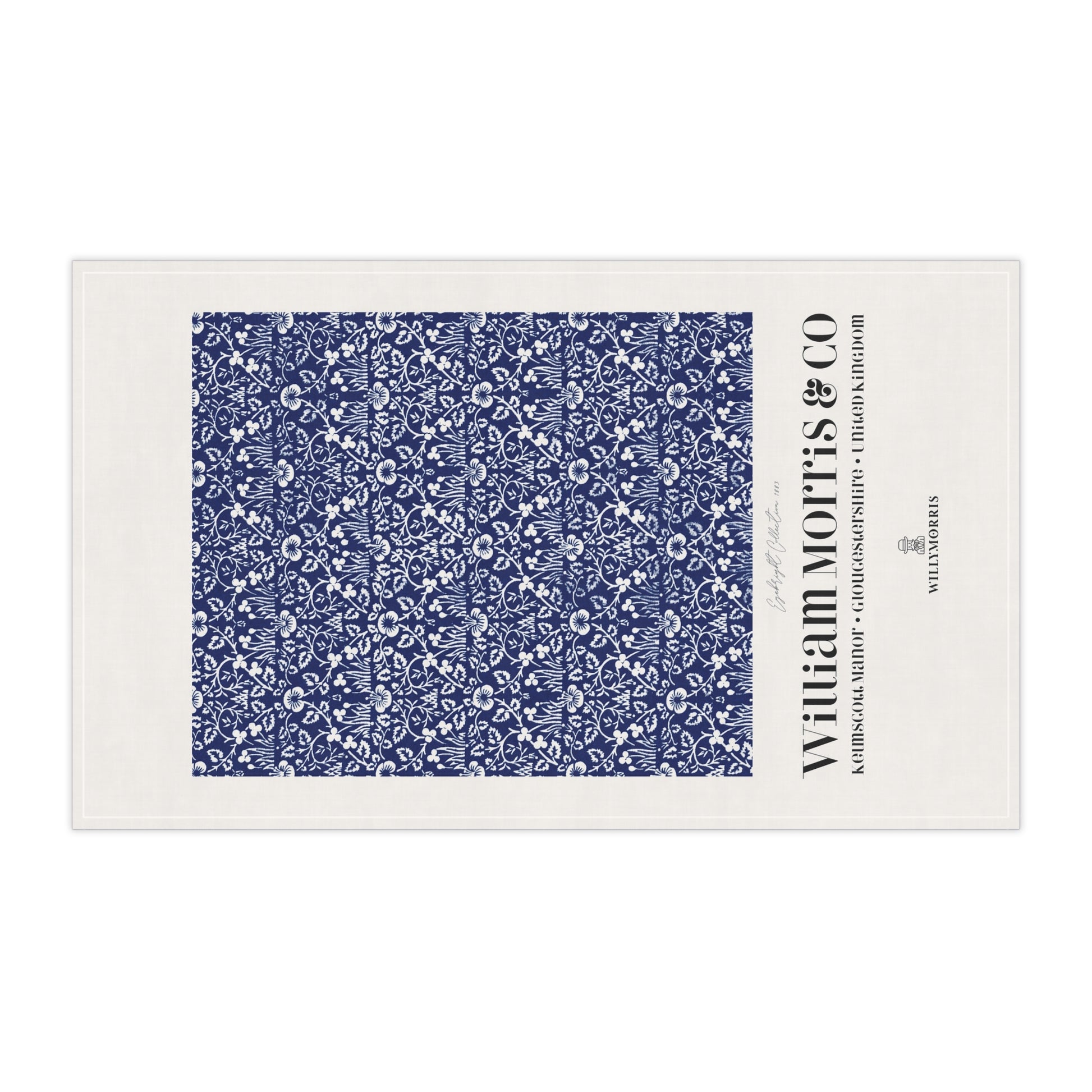 Rectangular tea towel with blue floral pattern on a white background, featuring the brand 'William Morris & Co'.