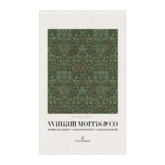 Tea towel with green pattern and 'William Morris & Co' branding on a white background