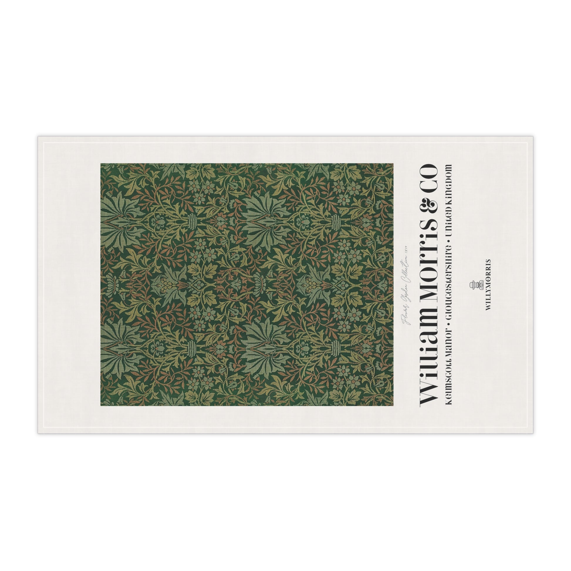 Patterned tea towel with 'William Morris & Co' branding on a white background