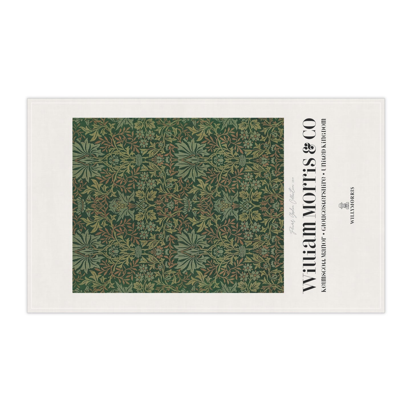 Patterned tea towel with 'William Morris & Co' branding on a white background