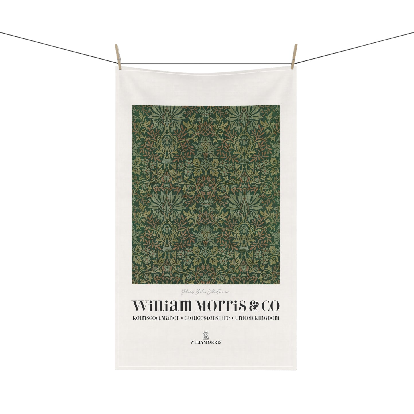 Tea towel with green pattern and 'William Morris & Co' branding on a white background