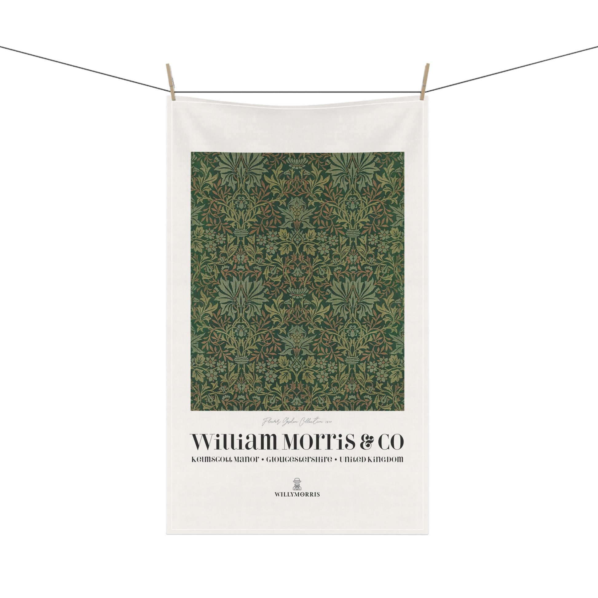 Tea towel with green pattern and 'William Morris & Co' branding on a white background