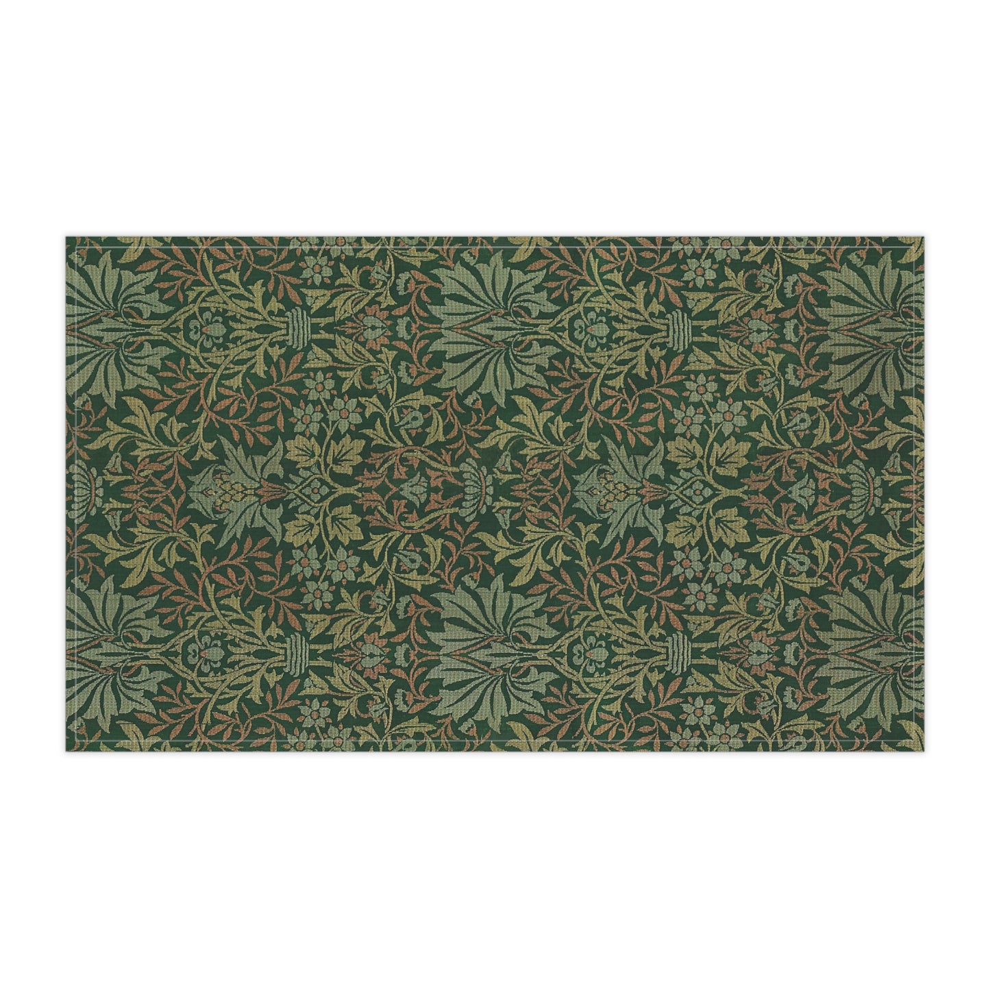 A kitchen tea towel with a floral garden pattern inspired by William Morris.