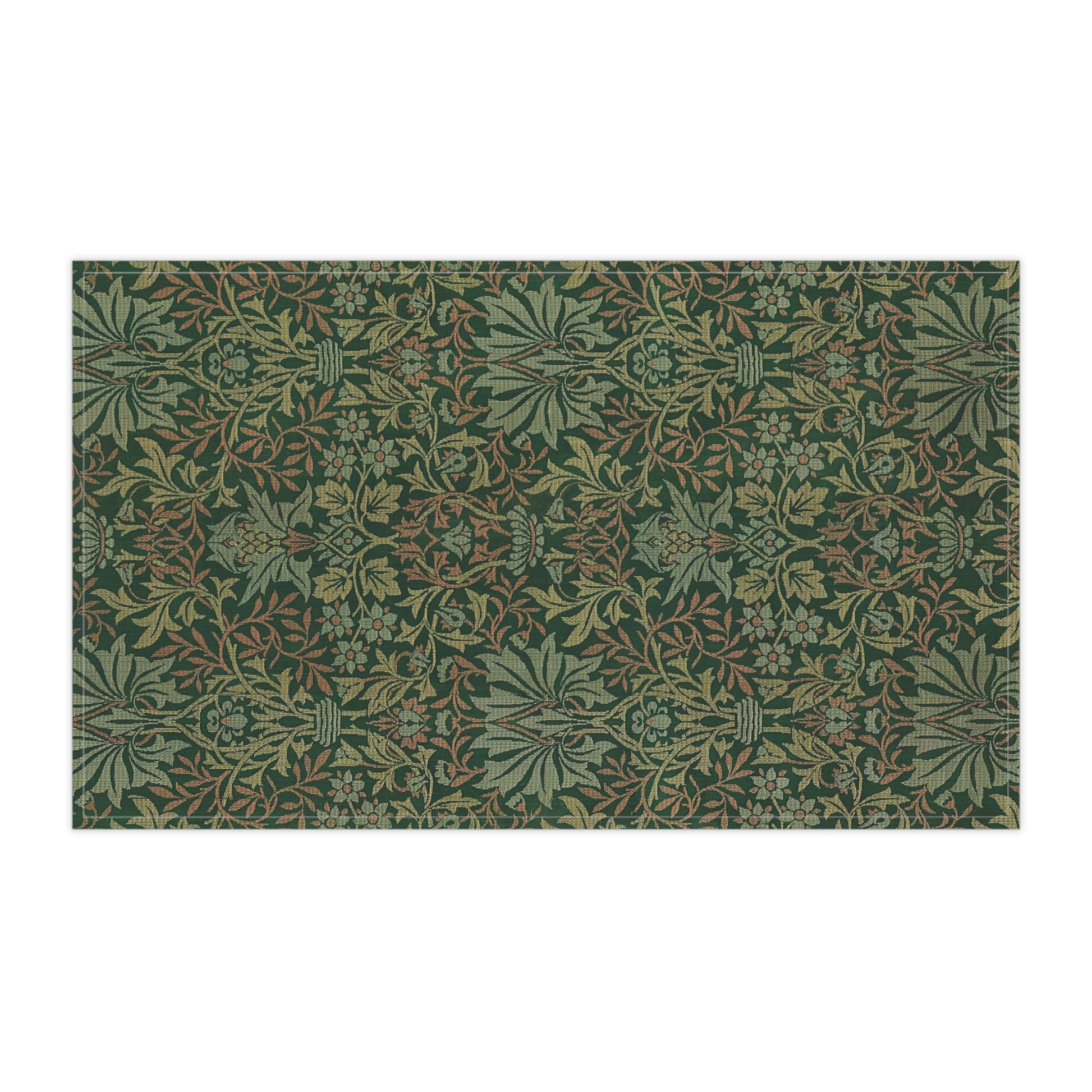 A kitchen tea towel with a floral garden pattern inspired by William Morris.