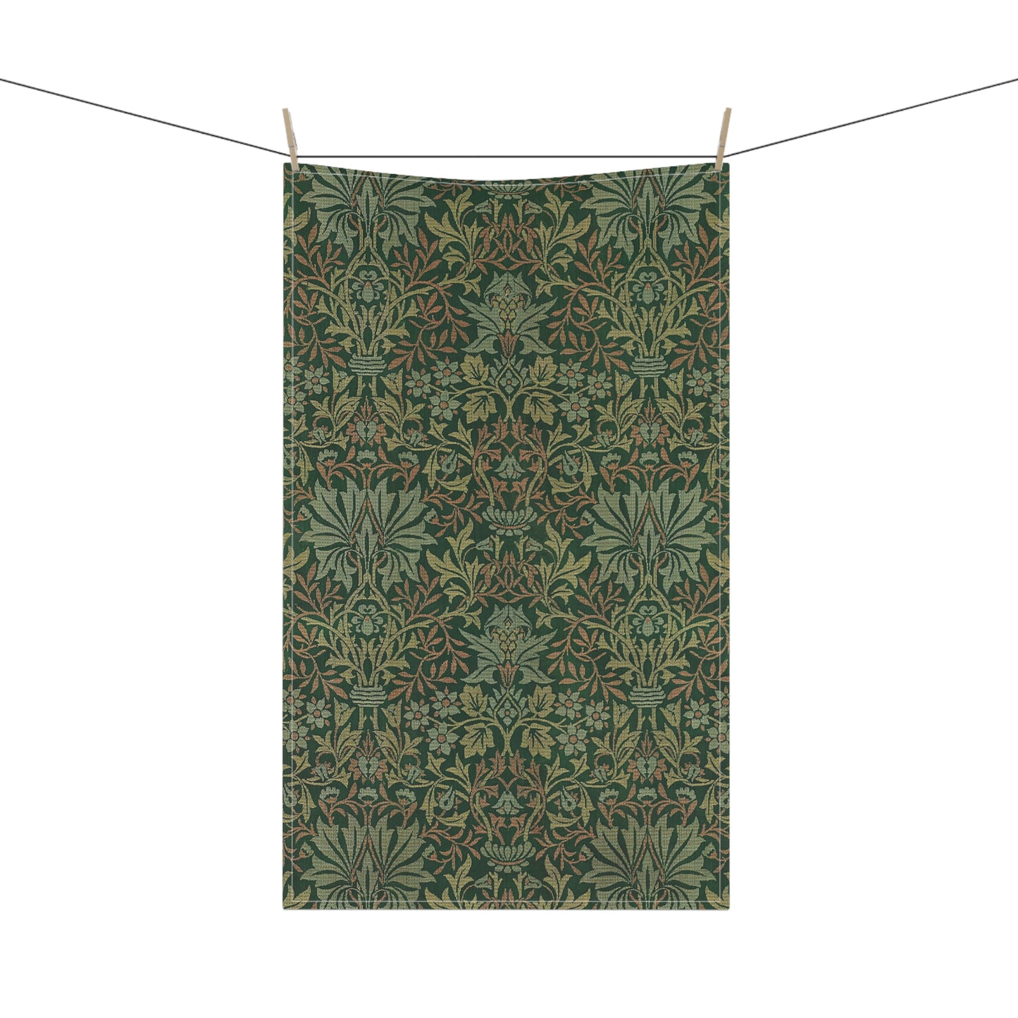 A kitchen tea towel with a floral garden pattern inspired by William Morris.