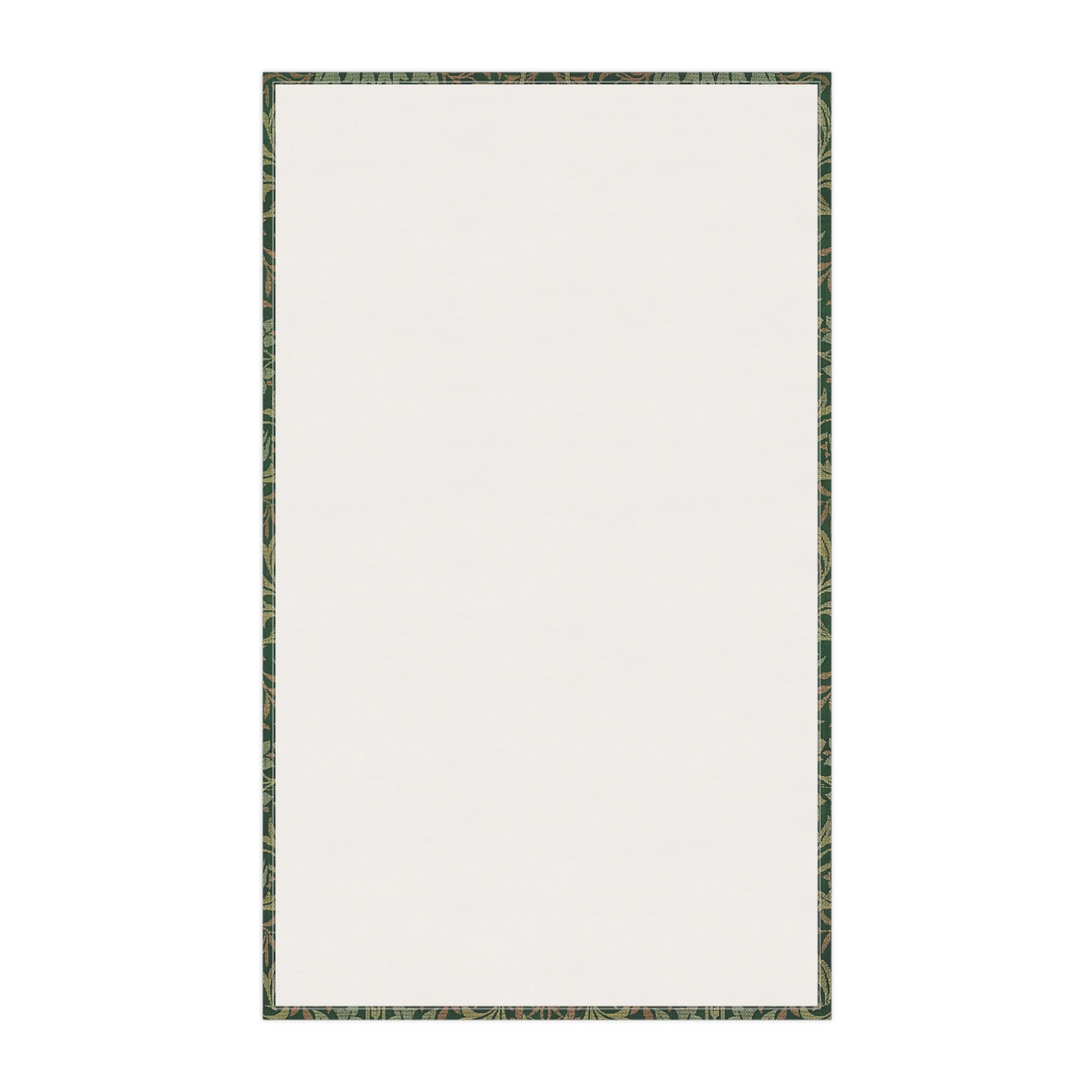 A kitchen tea towel with a floral garden pattern inspired by William Morris.