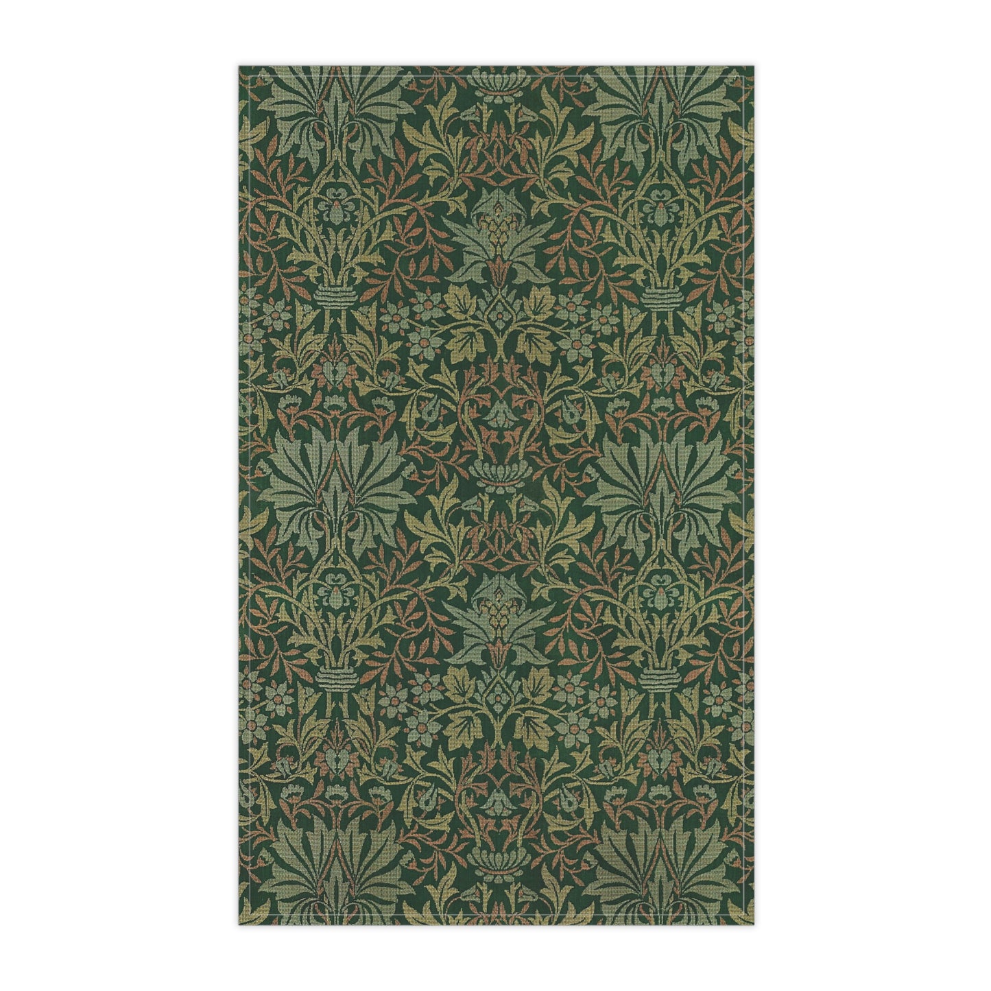 A kitchen tea towel with a floral garden pattern inspired by William Morris.
