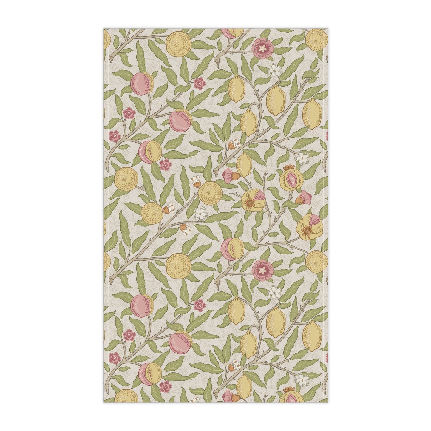Patterned fabric with lemons, leaves, and flowers on a white background