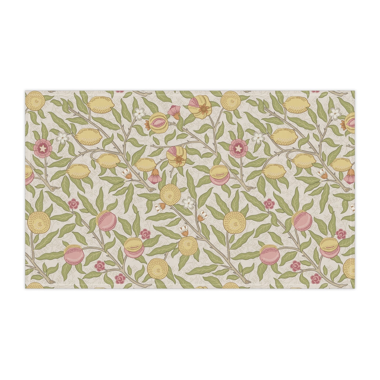 Floral patterned fabric swatch with lemons and leaves on a beige background