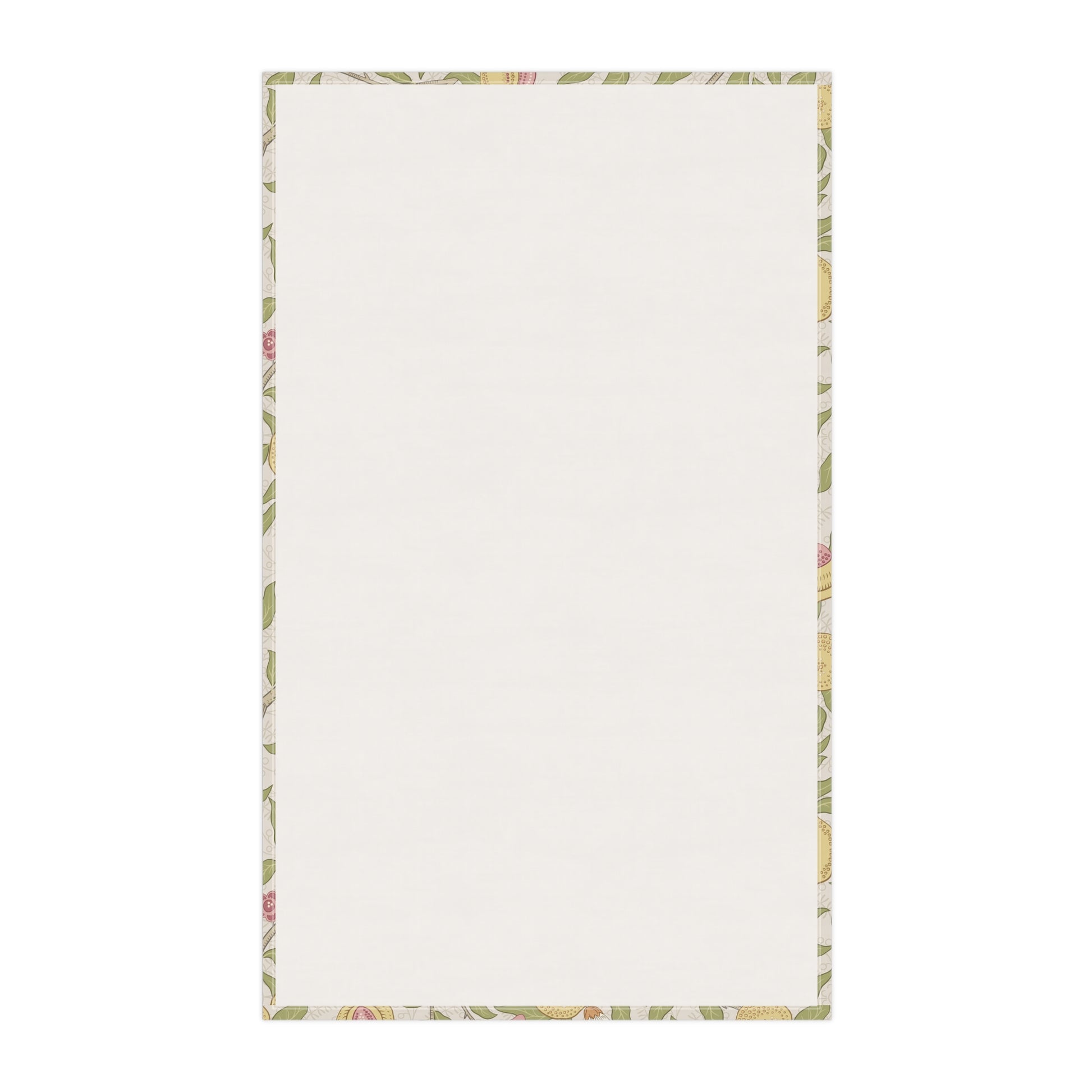 Floral-patterned towel with a white center on a white background
