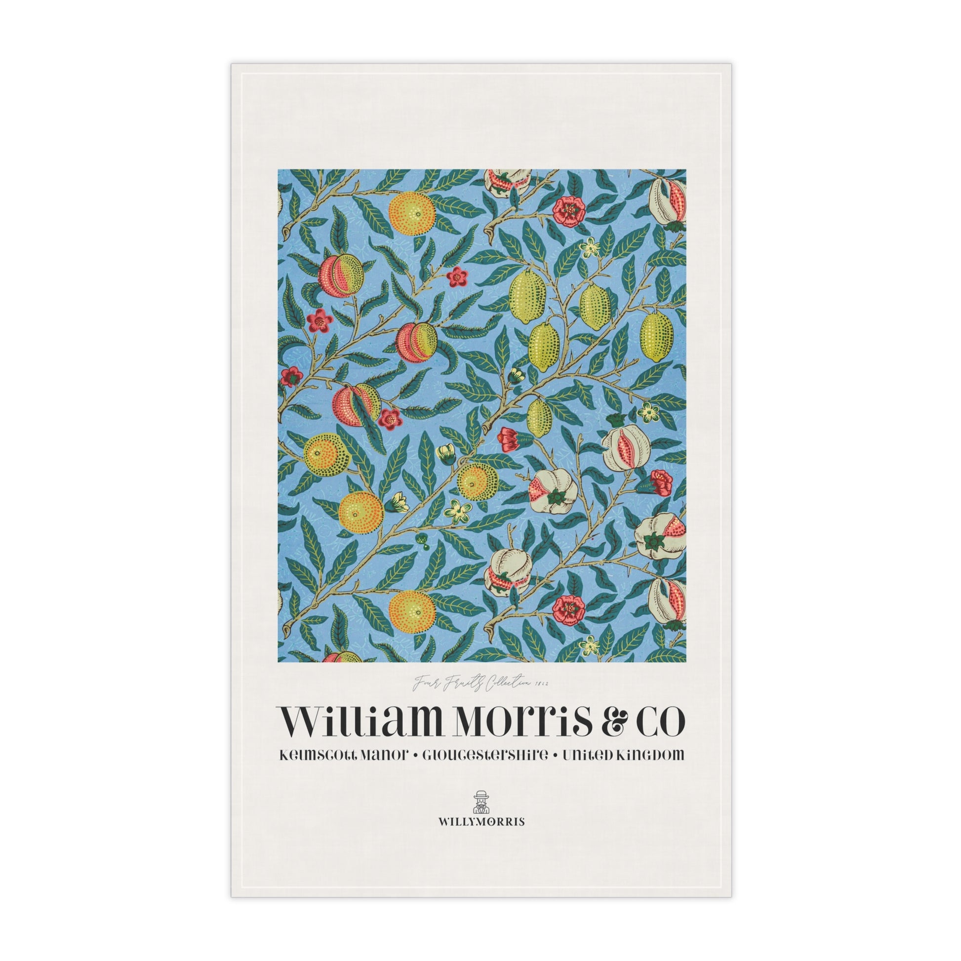 Tea towel with floral design and 'William Morris & Co' branding on a white background