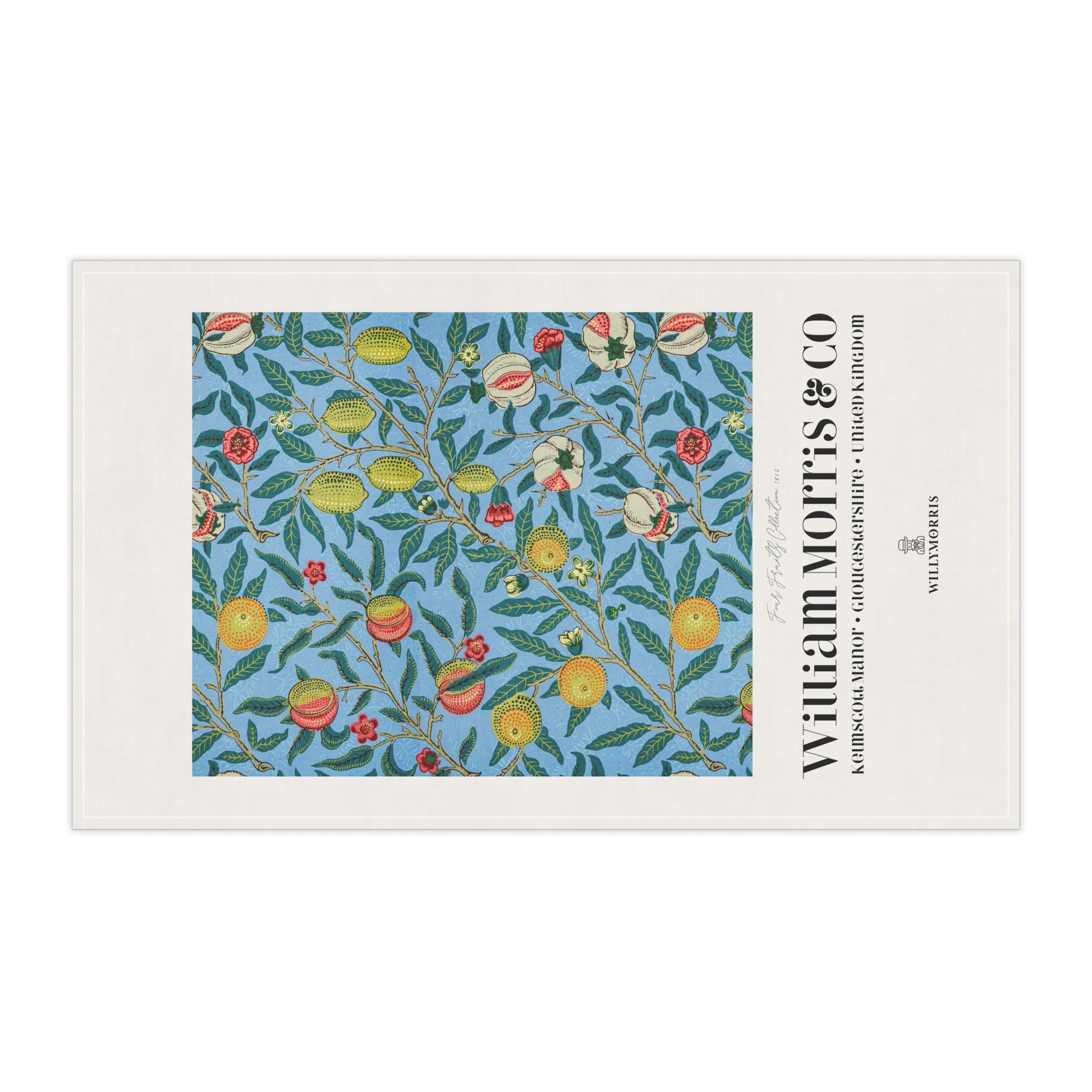 Decorative tea towel with floral design and 'William Morris & Co' branding on a white background