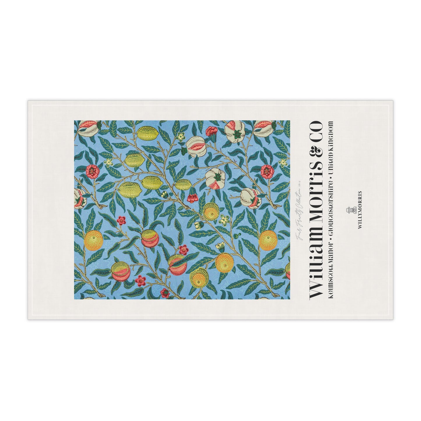 Tea towel with floral design and 'William Morris & Co' branding on a white background