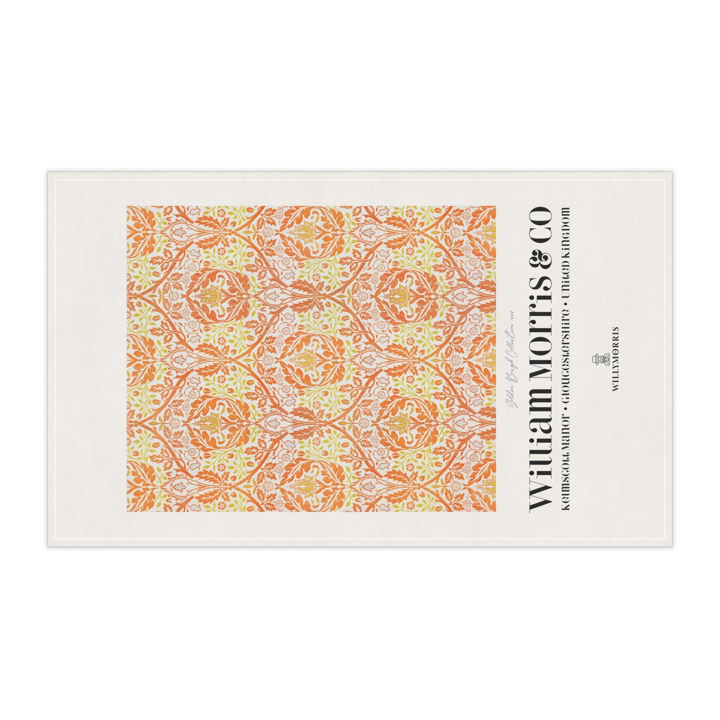Decorative tea towel with floral pattern and 'William Morris & Co' branding on a white background