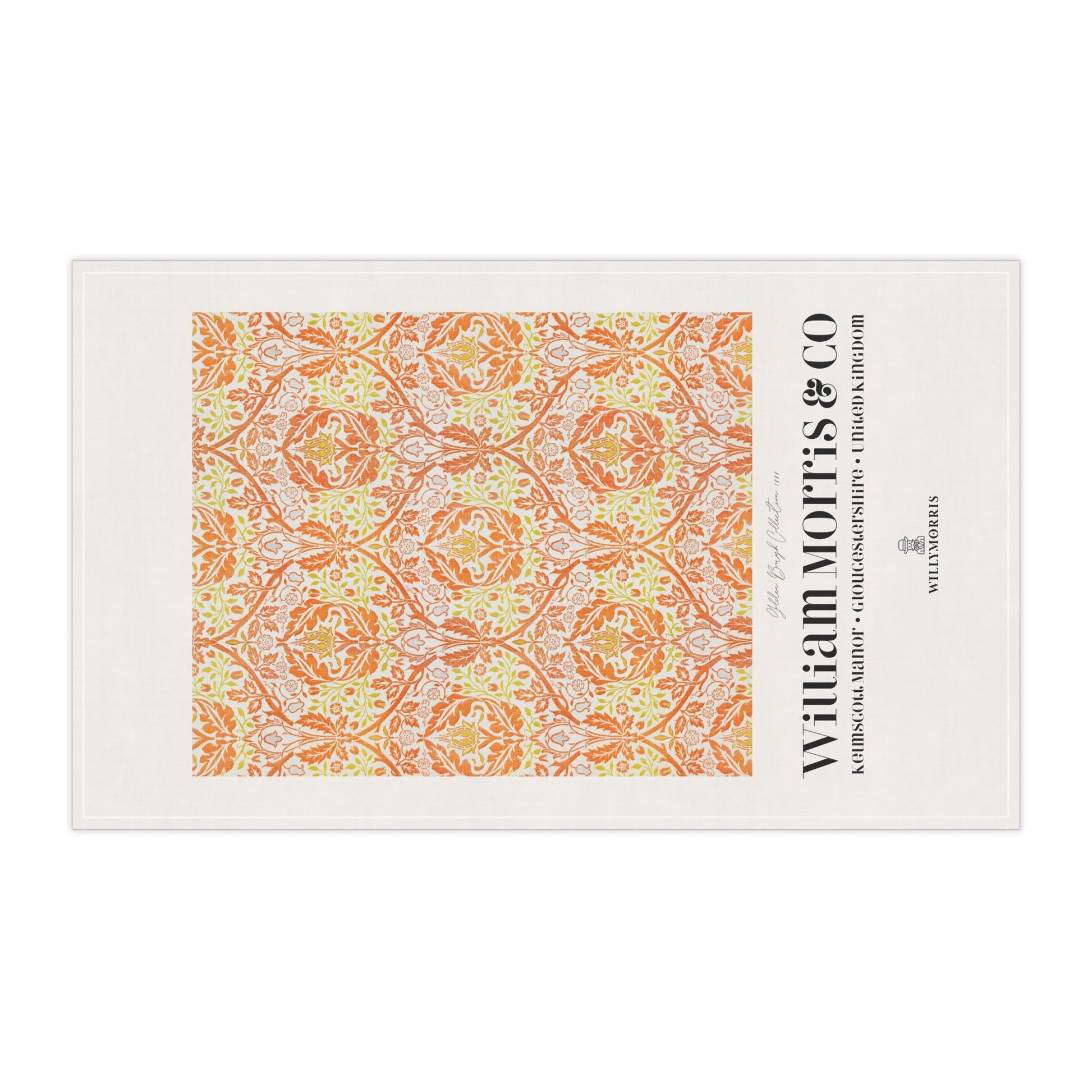 Decorative tea towel with floral pattern and 'William Morris & Co' branding on a white background